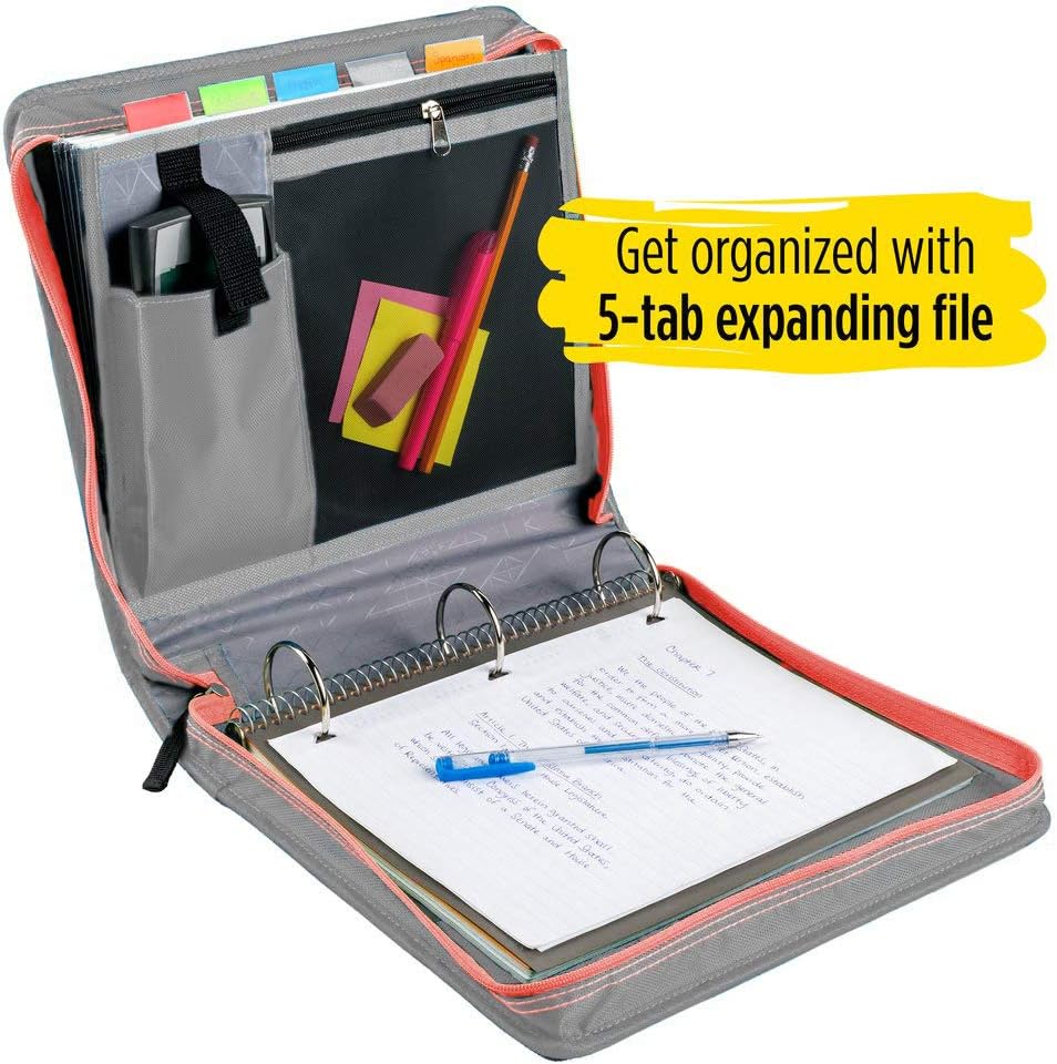 Five Star 2 Inch Zipper Binder, 3 Ring Binder, Expansion Panel, Durable, Gray/Bright Coral (29052IY8)