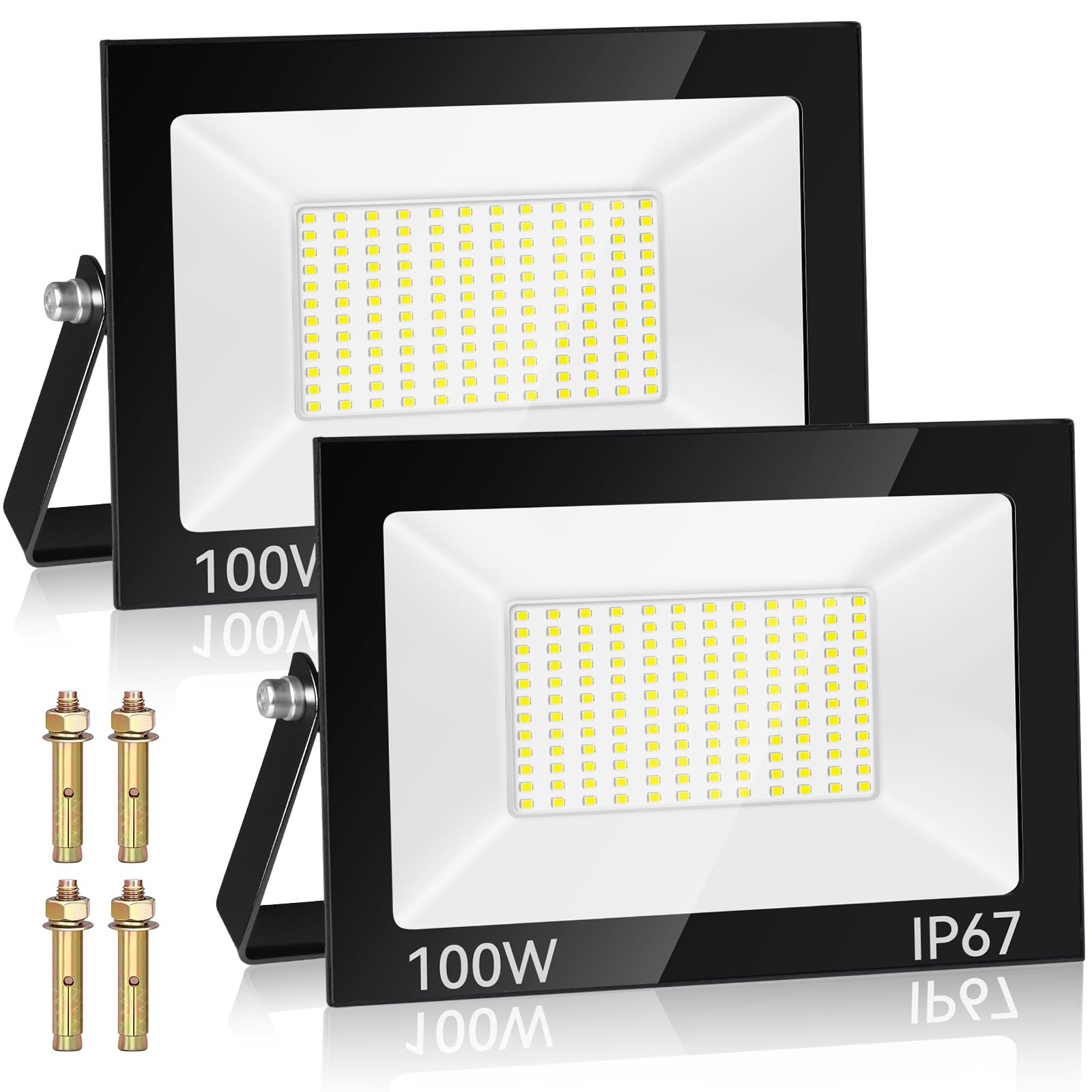 Foco LED Exterior 100W 2 Piezas, 10000LM 7000K Proyector LED, 144 Chips IP67 Impermeable Super Brillante Blanco Frío Luz de Seguridad, Potente Luces Led Exterior para Terraza, Jardín, Garaje