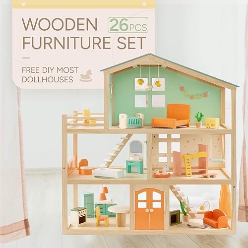 Miniatura 6 de Giant bean Juego de 5 muebles grandes de madera para casa de muñecas de 26 piezas para cocina, sala de estar, dormitorio, baño, cuarto de bebé,