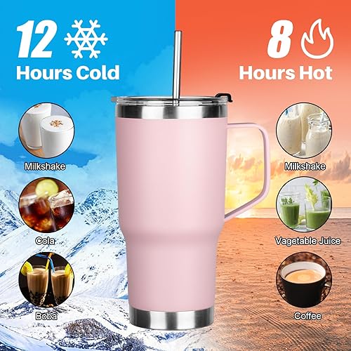 Miniatura 4 de Vaso de 20 onzas con asa, vaso aislado de acero inoxidable con tapa y popote, taza de café de doble pared con aislamiento al vacío, taza térmica