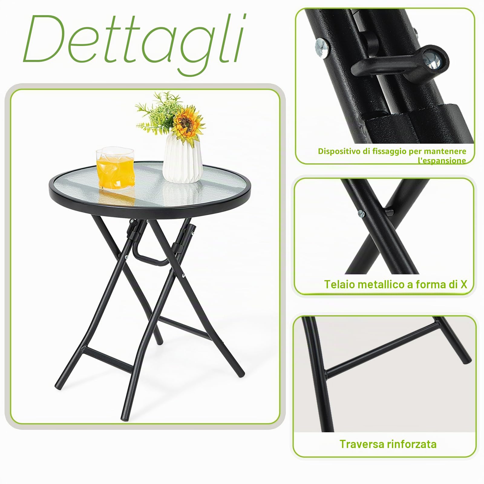 KOMFOTTEU Tavolo da giardino pieghevole, tavolo da bistrot con piano in vetro e telaio in metallo, tavolo laterale rotondo, per balcone, terrazza (trasparente, rotondo, φ46 x 47 cm (H))