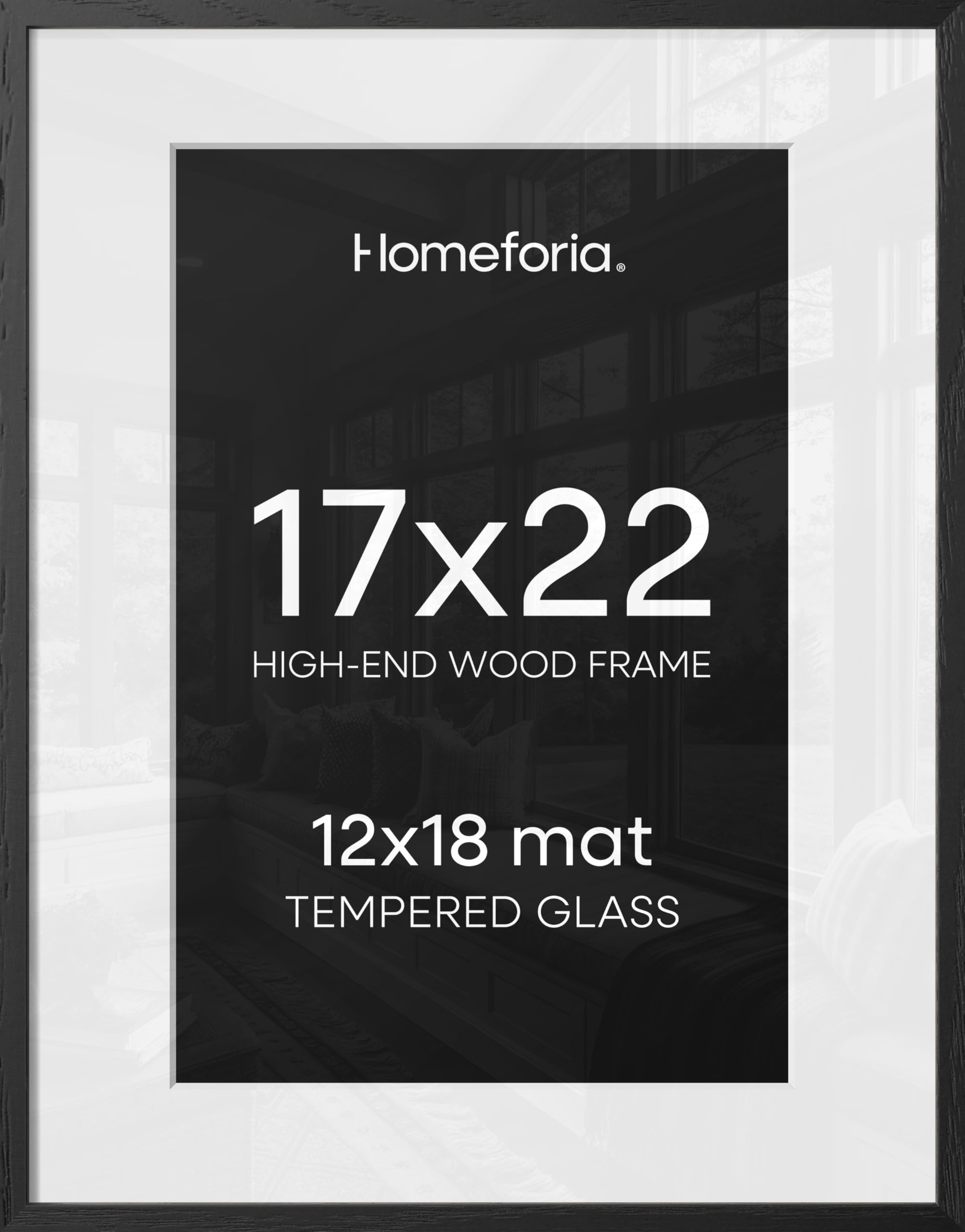 Homeforia 17x22 Picture Frame Black Wood, High End Oak 17x22 Poster Frames with Mat 12x18 Photo, 17 x 22 Wooden Frame Matted to 12 by 18 Print, 22x17 Hanging Frames, Tempered Glass, Wall Kit, Set of 1