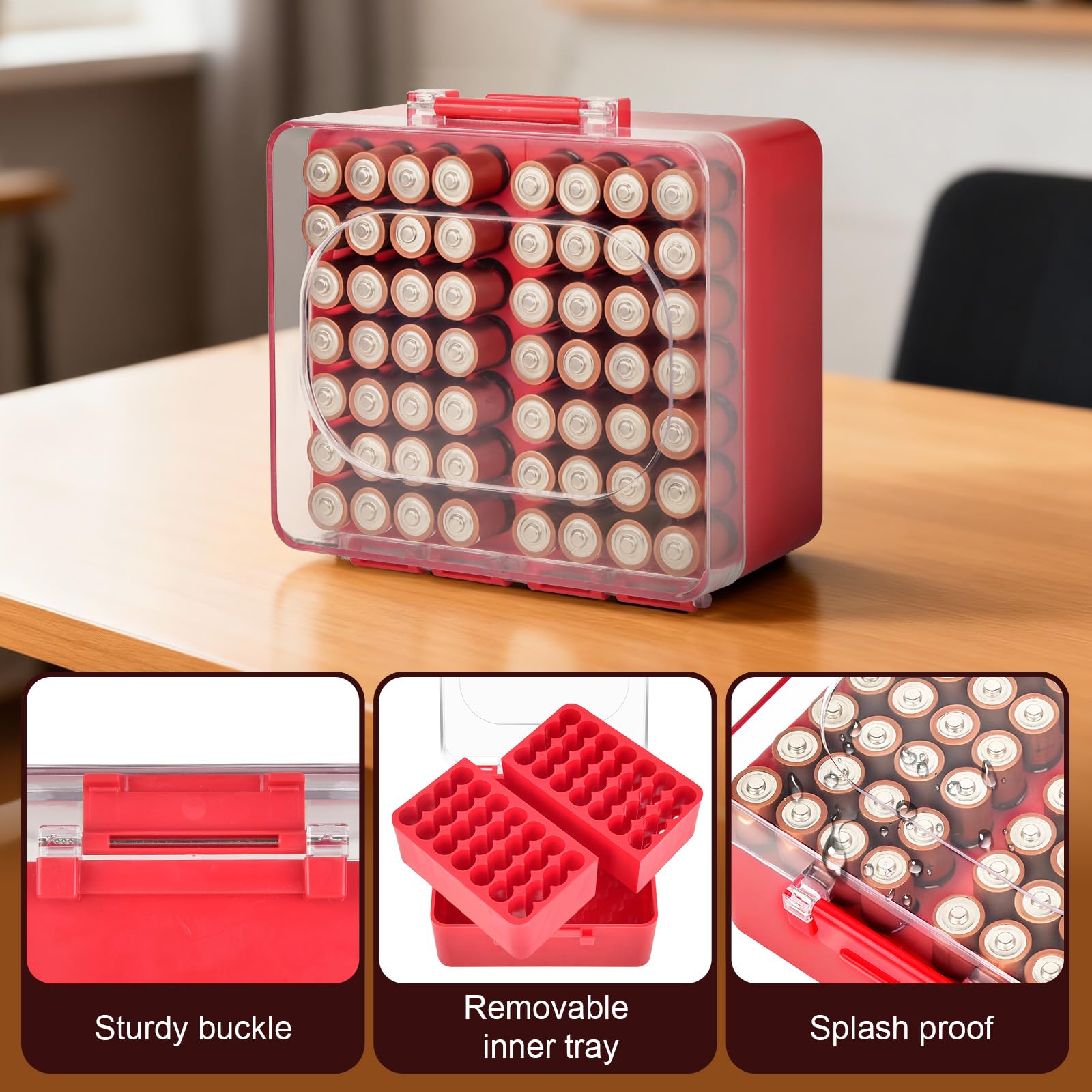 FULLCASE Battery Storage Organizer Box, Holder Container for 56 AA Batteries, Plastic Home Batteries Variety Pack Protective Organization(Case Only) Red — view 5