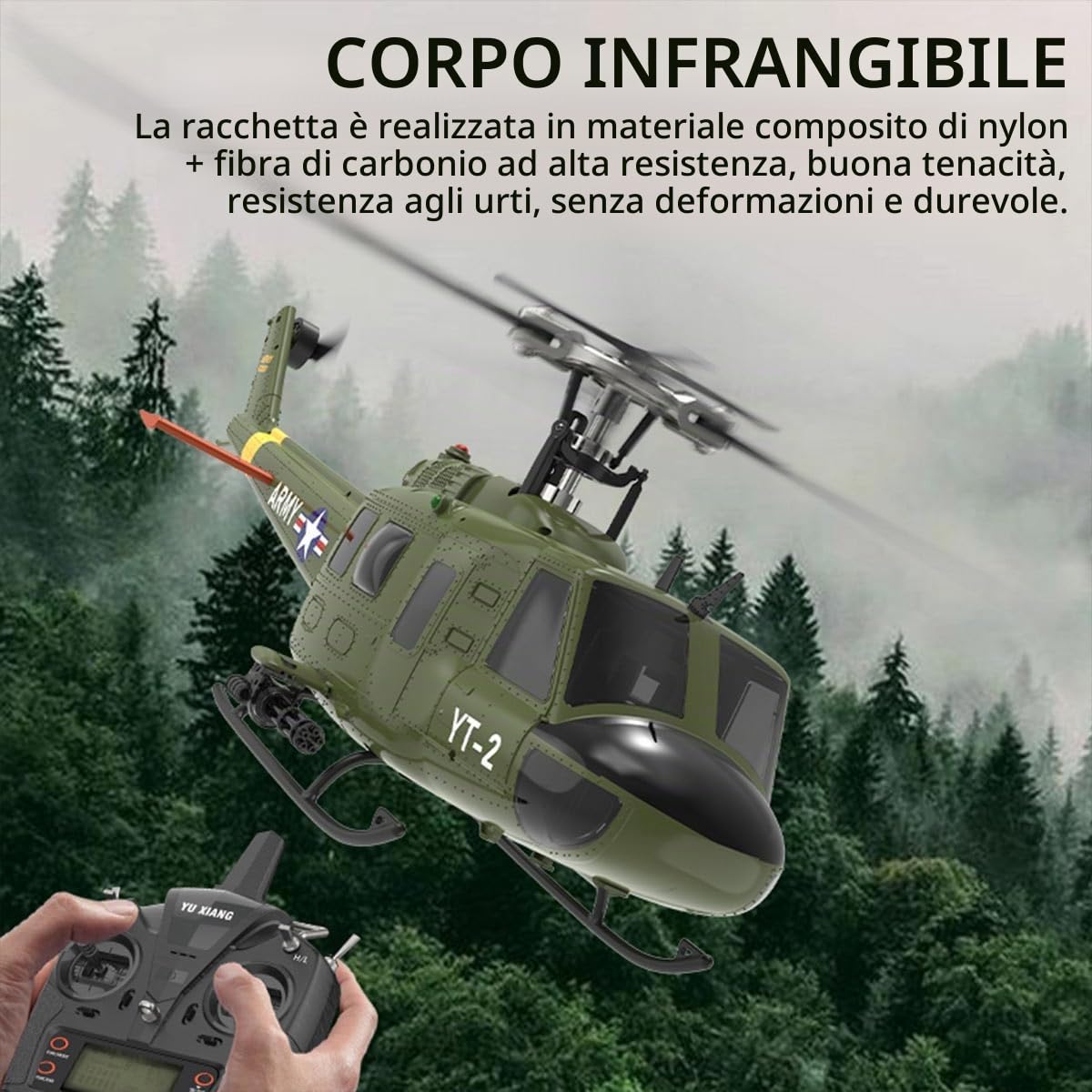 Lunaro UH-1 Huey RC elicottero con GPS, YU XIANG F07-V elicottero militare scala 1/34 per adulti, drone interno esterno con stabilizzatore e motori potenti