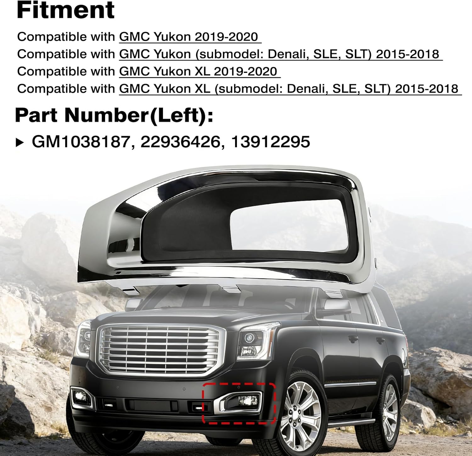 Fog Light Cover Front Bumper Fog Lamp Bezel, Front LH Side Fog Light Trim Cover, 22936426, GM1038187,Compatible with GMC Yukon XL Denali SLE SLT 2019-2020 - Left Driver Side