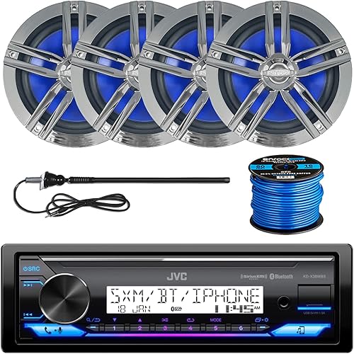 JVC Receptor estéreo marino Bluetooth USB/AUX de un solo DIN, 4 altavoces de carbón para barco de 6.5 pulgadas y 180 vatios, antena de radio negra
