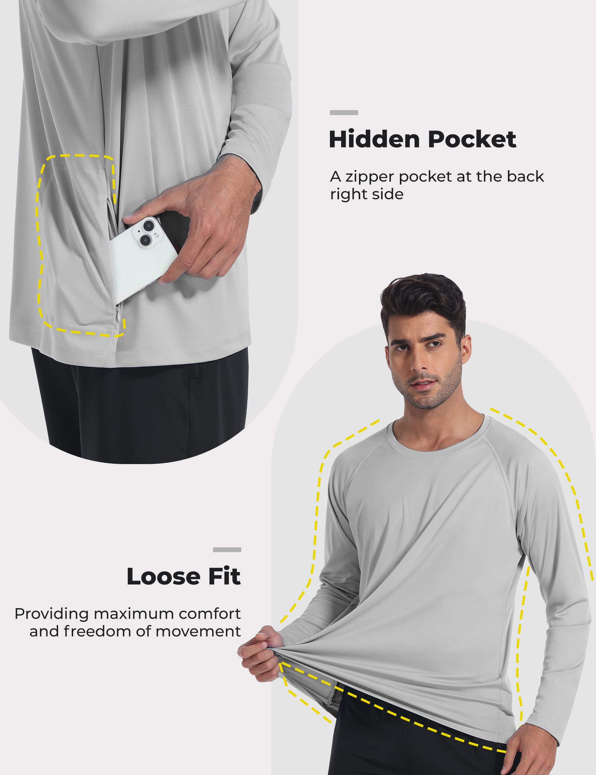 Desol Męska koszulka Rashguard z kieszeniami UV, UPF 50+, ochrona przed słońcem, koszulka z długim rękawem, do surfowania, biegania, pływania, wędrówek