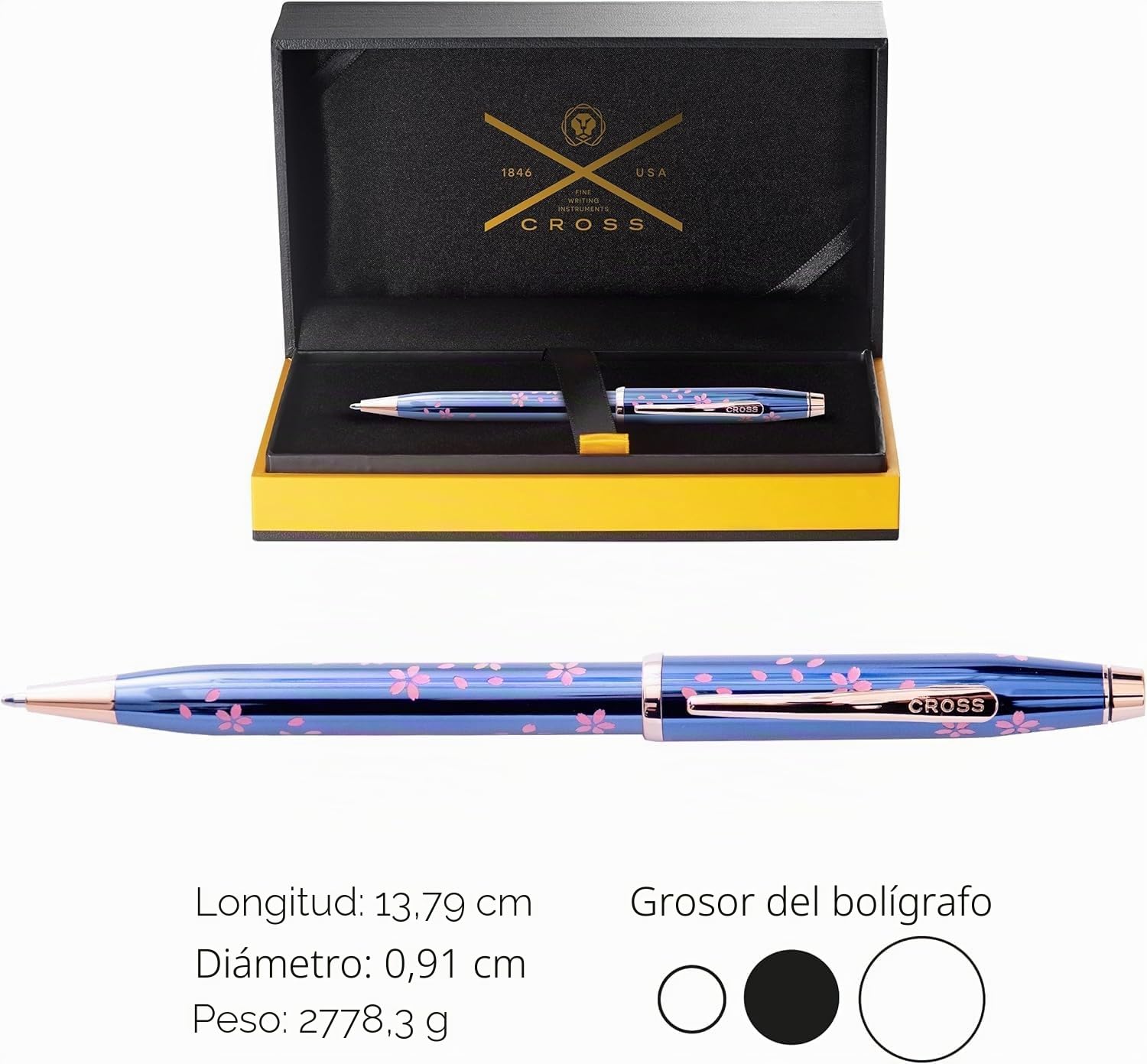 Cross Century II Cherry Blossom - Bolígrafo (trazos M, color de escritura: negro, mecanismo de giro, incluye caja de regalo), color azul translúcido, herrajes de acero inoxidable chapado en oro rosa