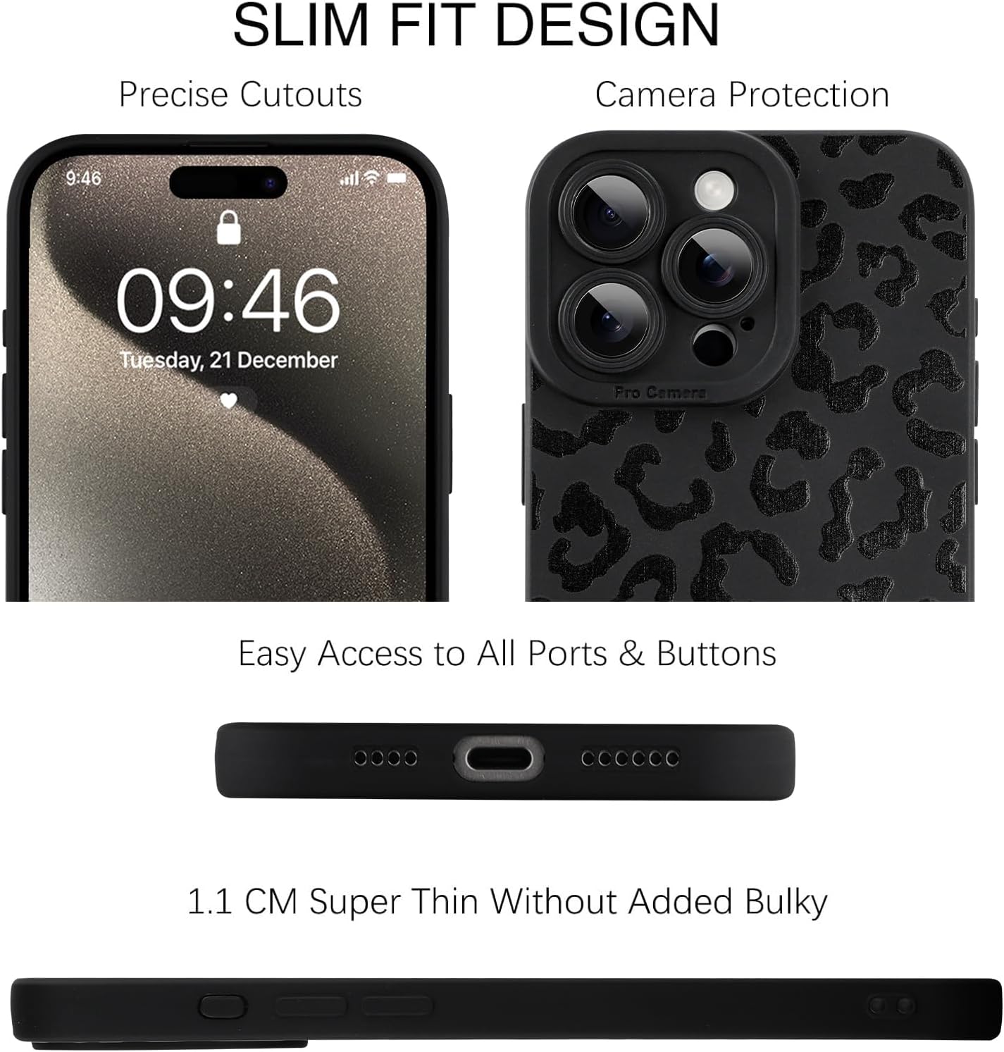 TEAUGHT Compatible with iPhone 15 Pro Max Case Cute Pattern White Leopard Print Cheetah Shockproof Silicone Phone Cover for Girls Women -Black - Image 2