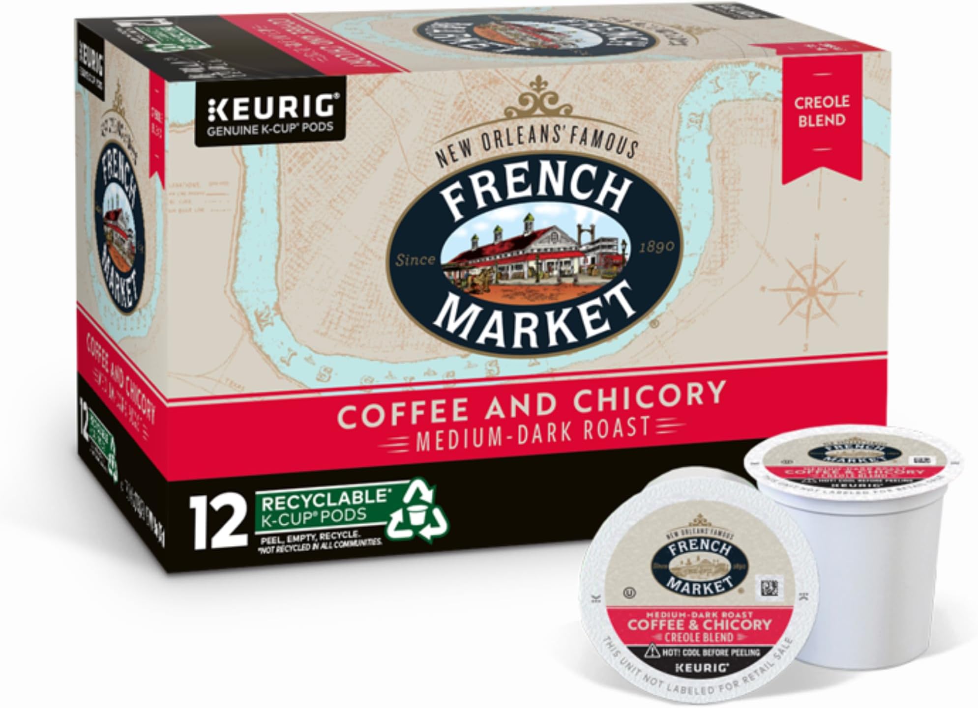 French Market Medium Dark Roast and Chicory Single Serve Cup Coffee, 12 Coffee Pods (Pack of 1)