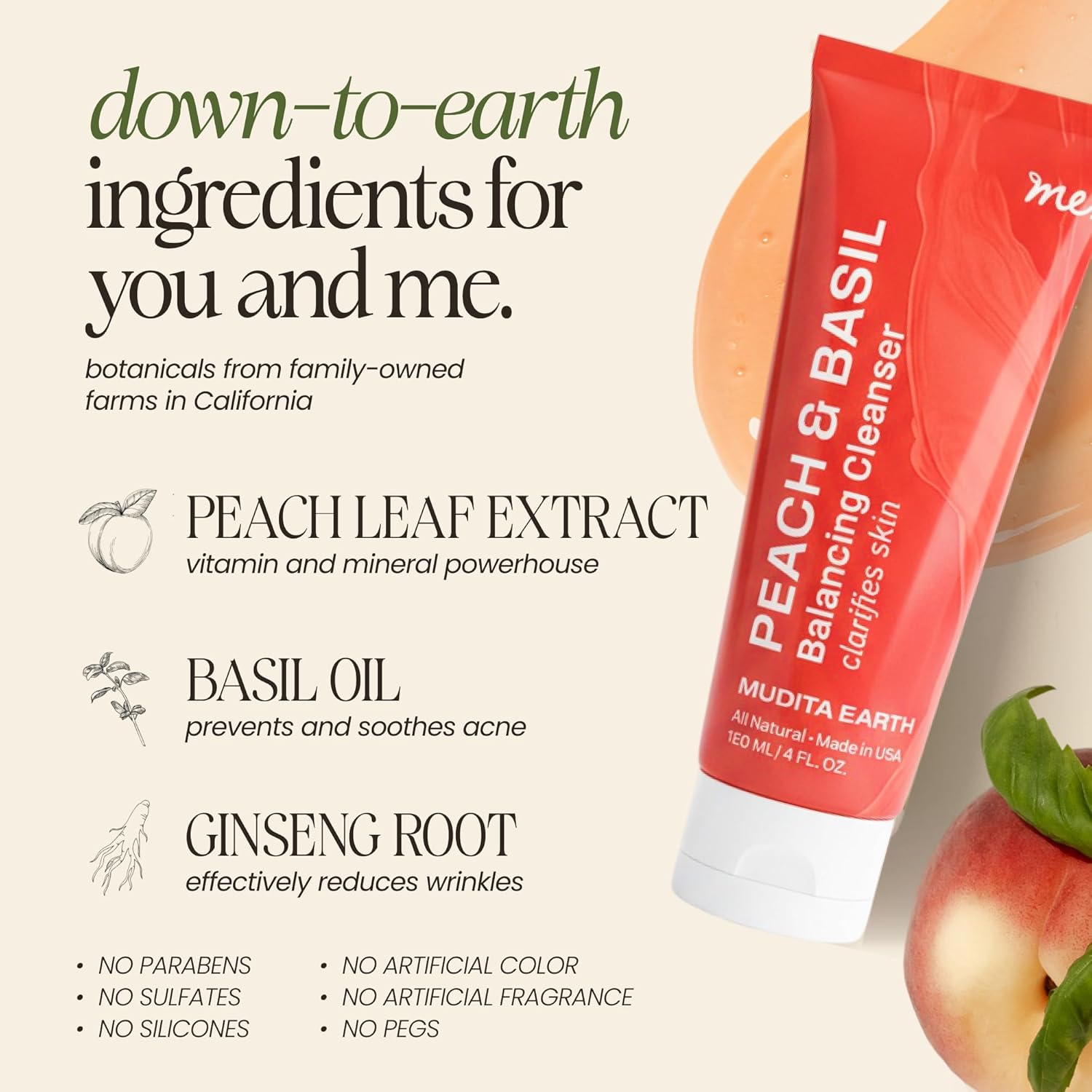 Mudita Earth Vitamin C Cleanser – 4 fl oz | Peach & Basil Balancing Face Wash | Gentle Sulfate-Free Cleanser for Sensitive, Oily & Acne-Prone Skin, Lactic Acid Polish - Image 3