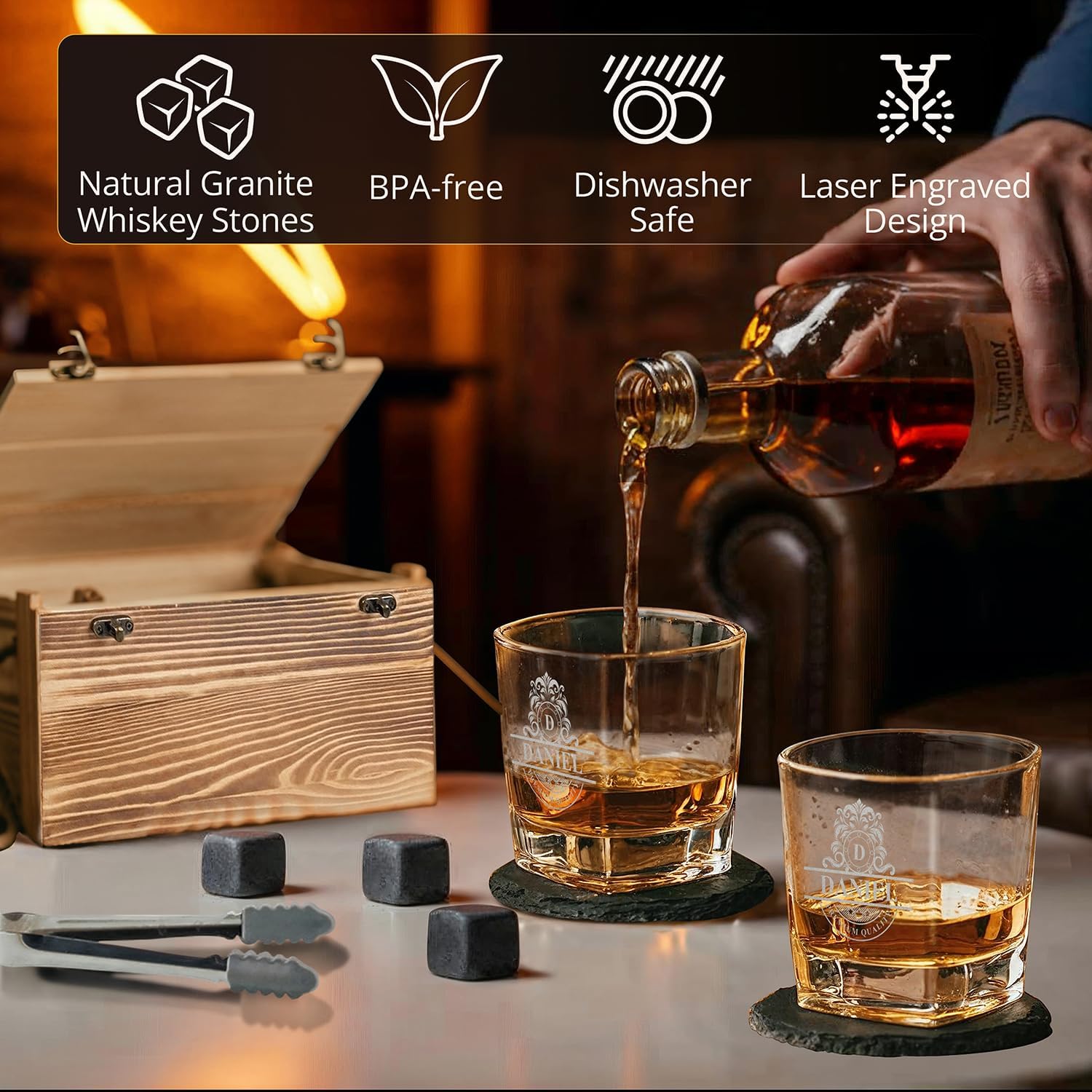 Custom Filigree Monogram Name 6 Options Whiskey Glass Gift Set 2 Glasses, 6 Granite Chilling Stones, Tongs & 2 Slate Coasters in Rustic Wood Crate – Scotch, Bourbon Lovers Gift