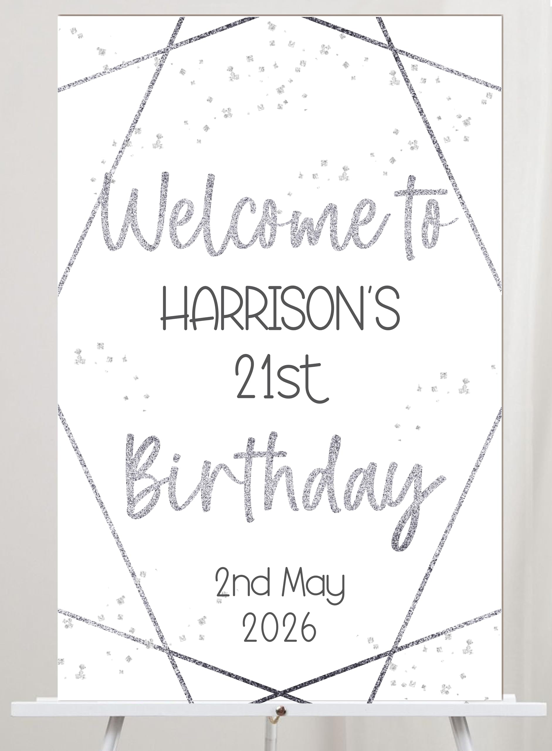 Personalised Birthday Welcome Sign – Custom Name Age & Date, Geometric Design, Colour Choices Elegant Party Decoration Keepsake Display Board