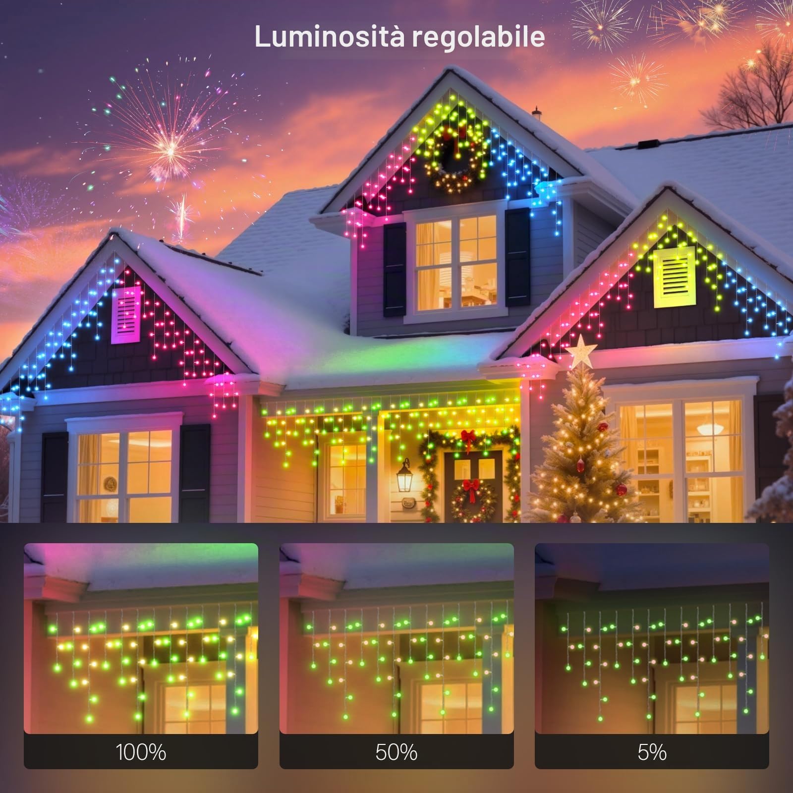 REYLAX Smart Luci Natale Esterno Cascata 20M 598LEDs Impermeabile IP67 Luci Stringa RGB String Lights Telecomando Decorazioni di Halloween e Natale Modalità di Scena Dinamica per Festa Nozze