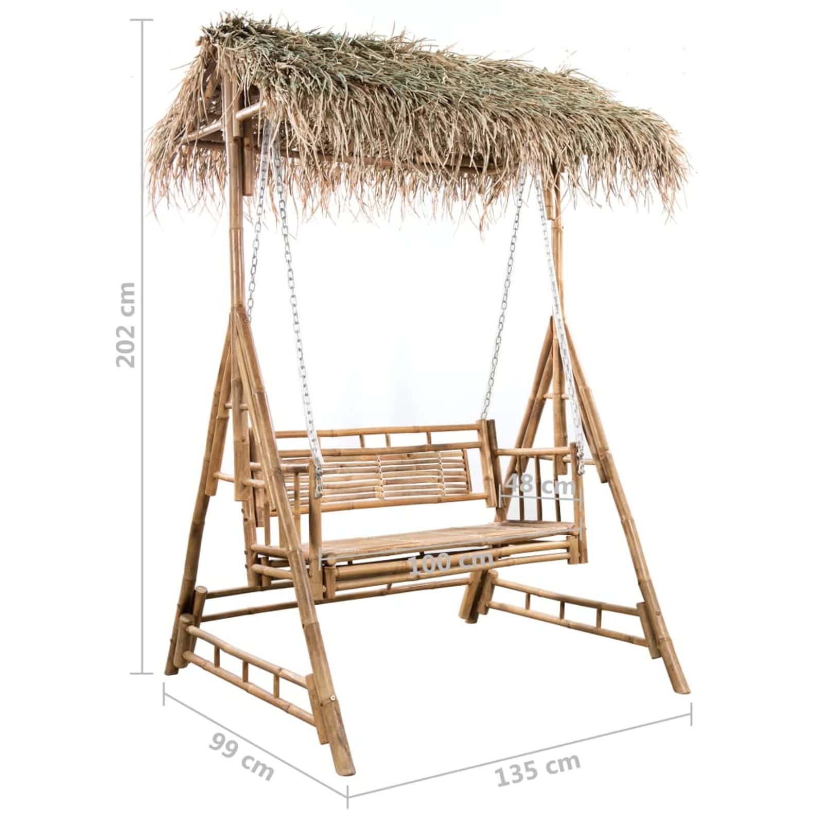 Gecheer Dondolo Hollywood con foglie di palma, cuscino da giardino a 2 posti, altalena da giardino, altalena, 35 x 99 x 202 cm (larghezza x profondità x altezza) in bambù, metallo