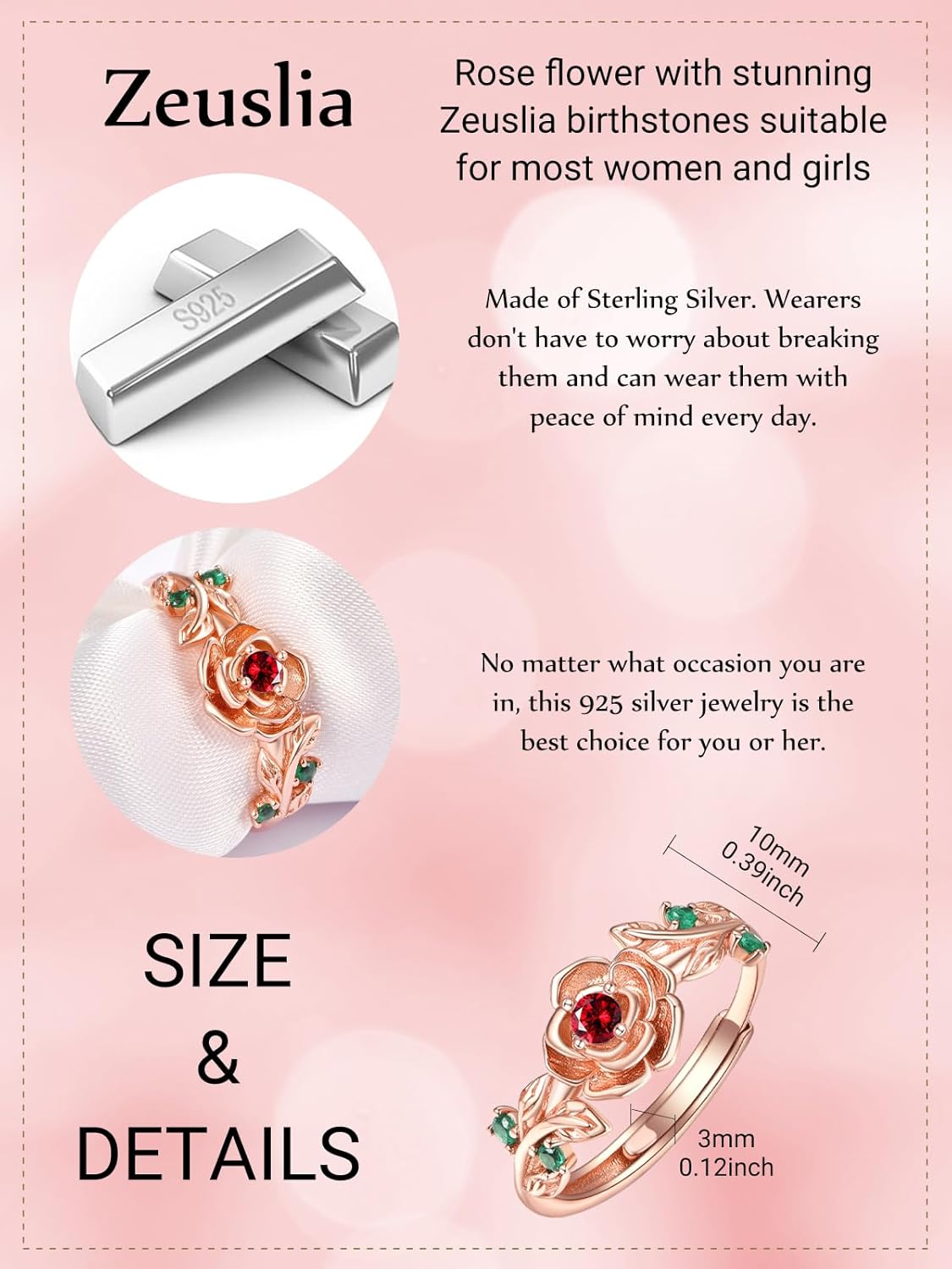 January Birthstone Jewelry Garnet Ring Sterling Silver Rose Rings for Women Rose Gold Flower Rings Adjustable Rose Ring Jewelry Gifts for Women - Image 4