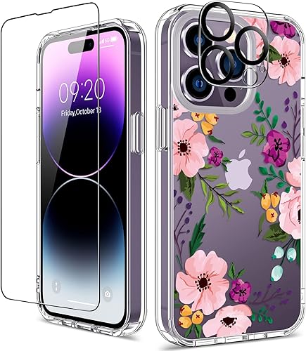 Miniatura 43 de GiiKa Funda rígida para iPhone 14 con protector de pantalla, 6.1 pulgadas, transparente, a prueba de golpes, diseño floral rosa, para niñas y Small
