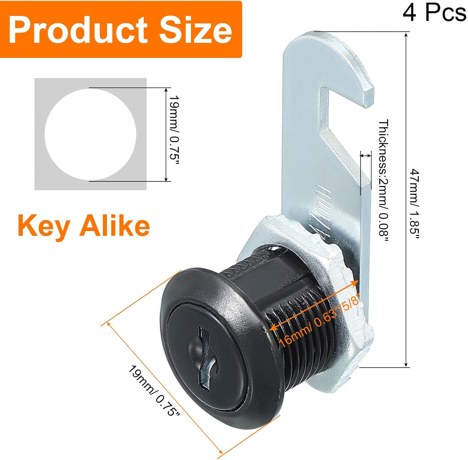 MECCANIXITY 5/8 Inch Cabinet Cam Lock with Key, Keyed Alike Cam Replacement Lock Cylinder Tubular Toolbox Locks for RV Drawer Storage Cart Mailbox, Black Pack of 4