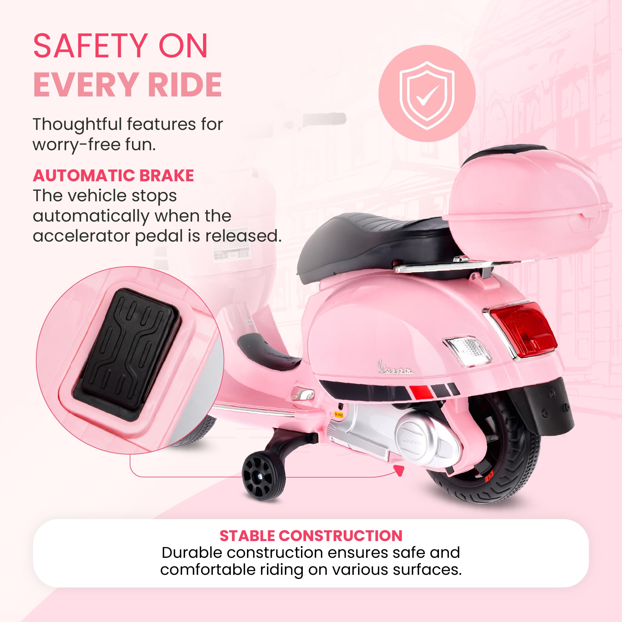 Moto Eléctrica Vespa para Niños con Ruedas y Asiento de plástico, Maletero, Reproductor MP3, Toma AUX USD MicroSD (Rosa Claro)
