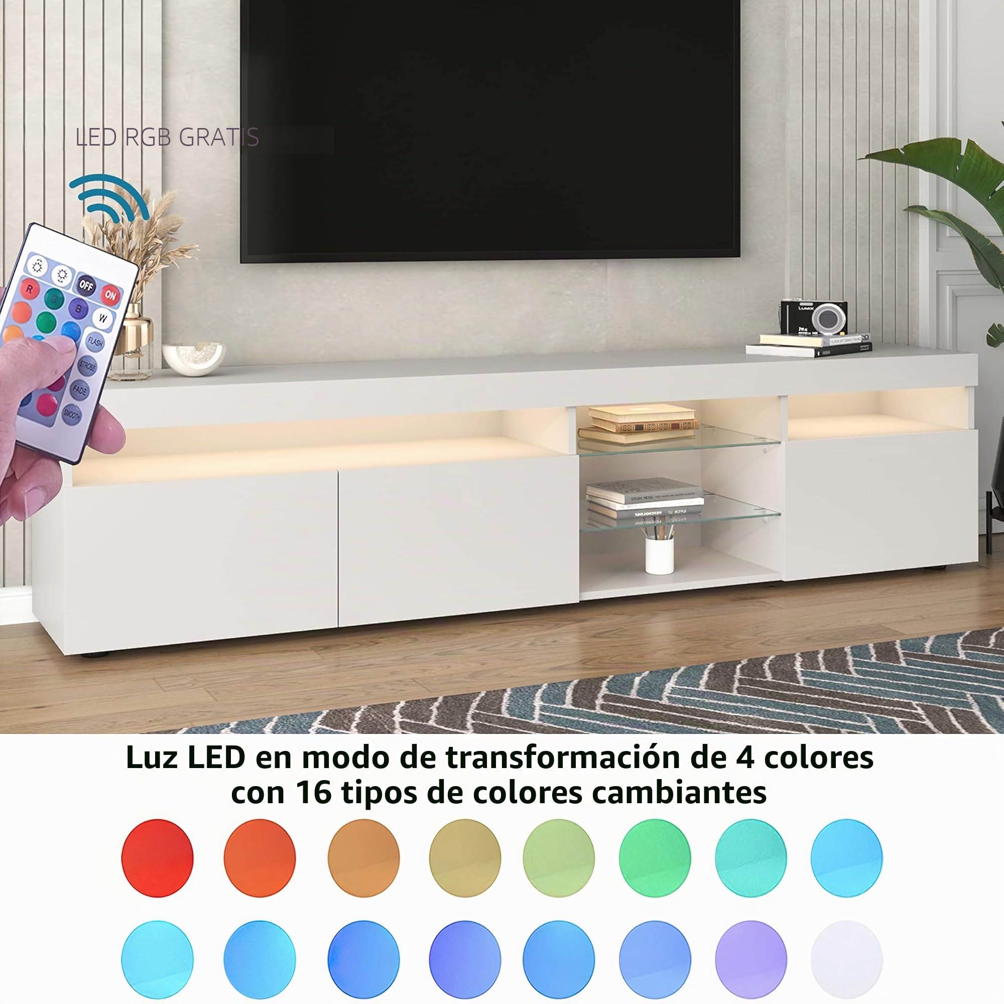Mueble bajo para TV (180 cm, con iluminación LED, 3 puertas, 180 x 35 x 45 cm), color blanco