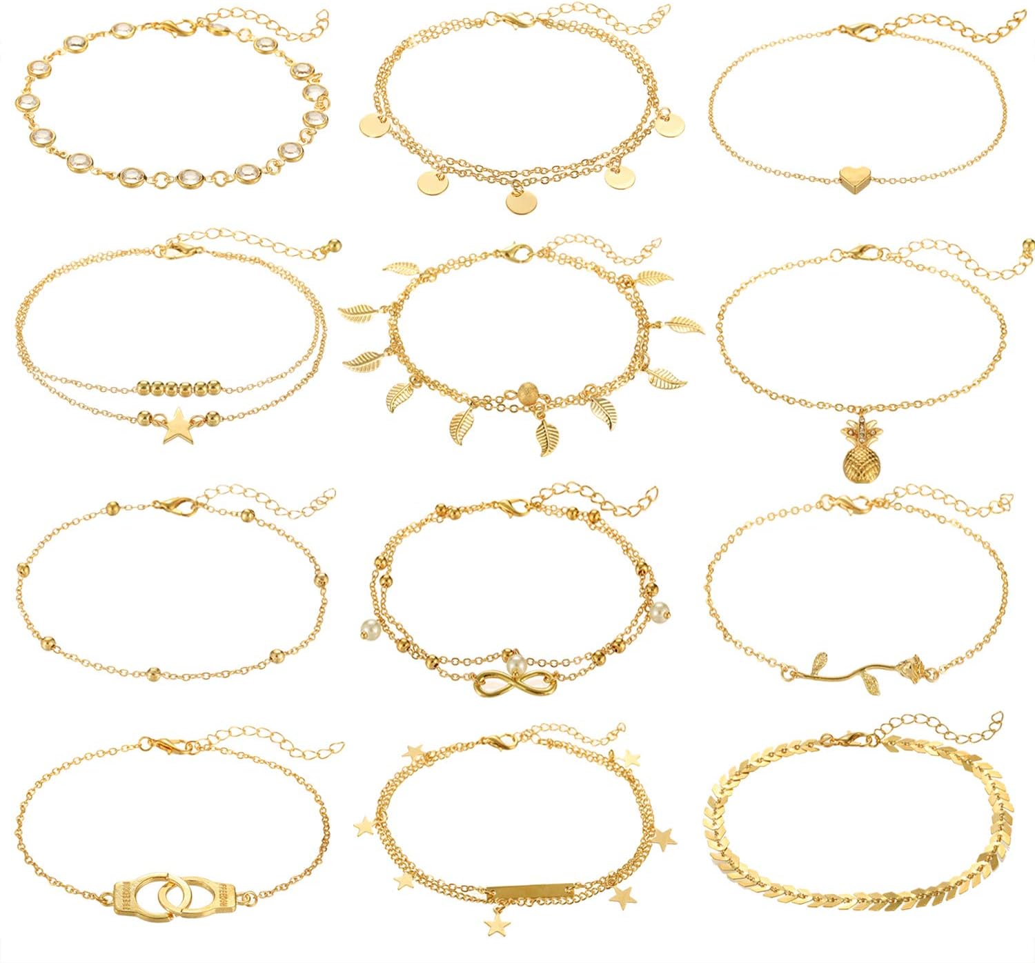 FUNEIAFUNEIA 12/16/30Pcs Ankle Bracelets for Women Gold Silver Rose Gold Charm Anklets Set for Teens Boho Layered Beach Adjustable Foot Chain Summer Beach Jewelry