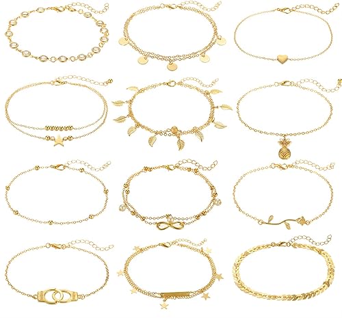 FUNEIA Juego de 1216 tobilleras para mujer, tobilleras de oro plateado, estilo bohemio, en capas, cadena ajustable, tobillera y pie, Aleación.