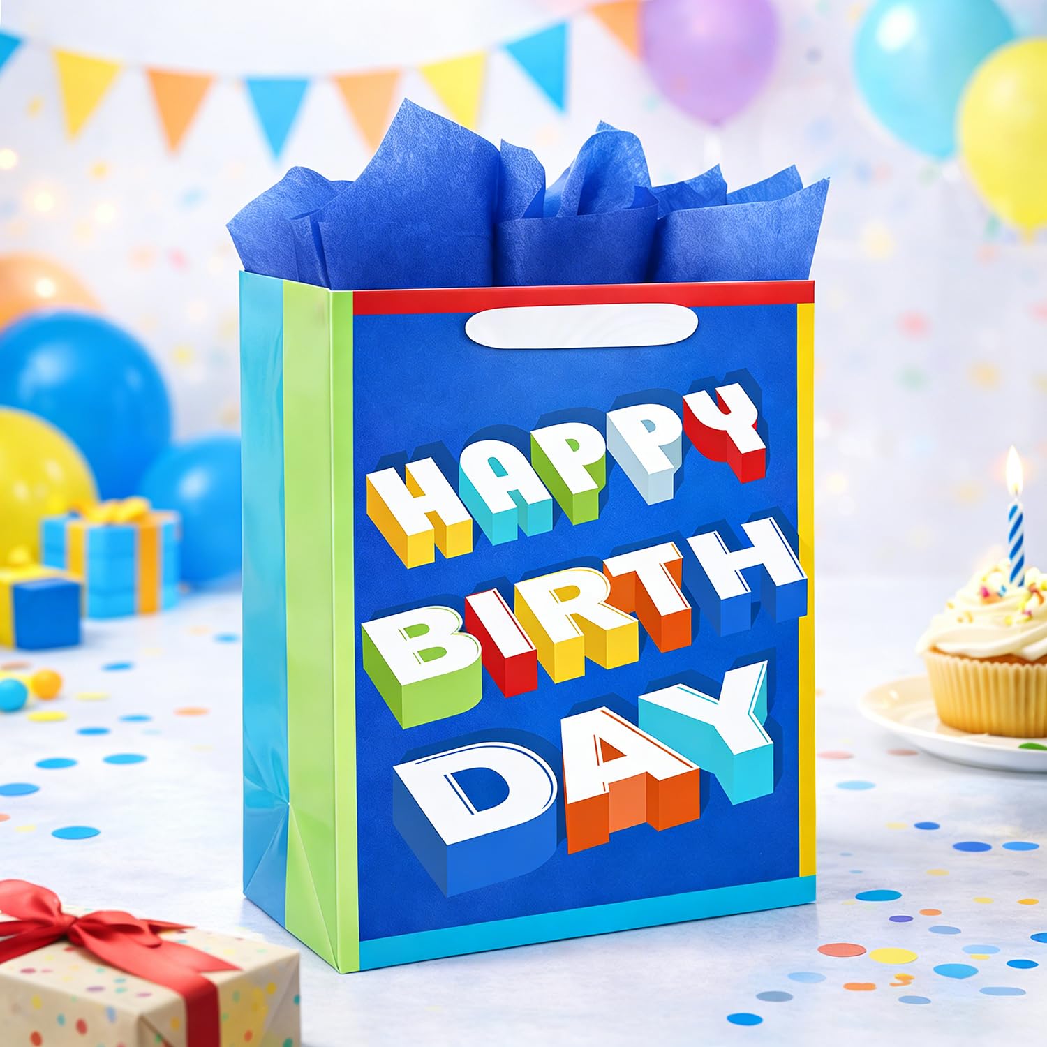 Party Funny Kids Blue Birthday Gift Bags with Tissue Paper, 2 Pack 13" Medium Paper Gift Bag Set with Handles, Colorful Cake and Happy Birthday Present Bags for Boys