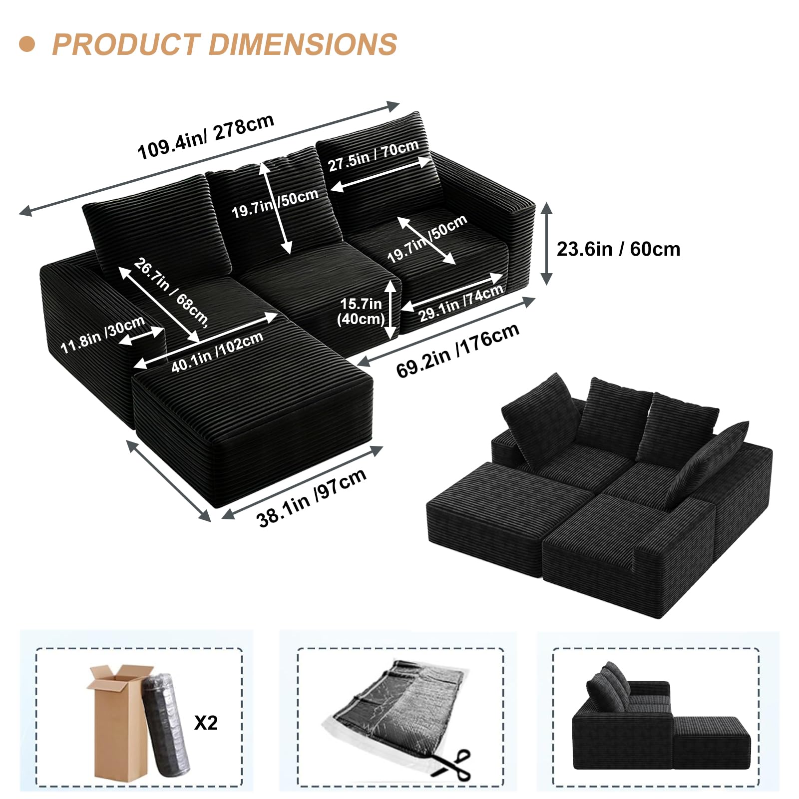 Canapé modulaire en forme de L de 278 cm, canapé d'angle 4 places avec repose-pieds et dossier amovible, canapés pour salon, pas de montage nécessaire (canapé en forme de L)