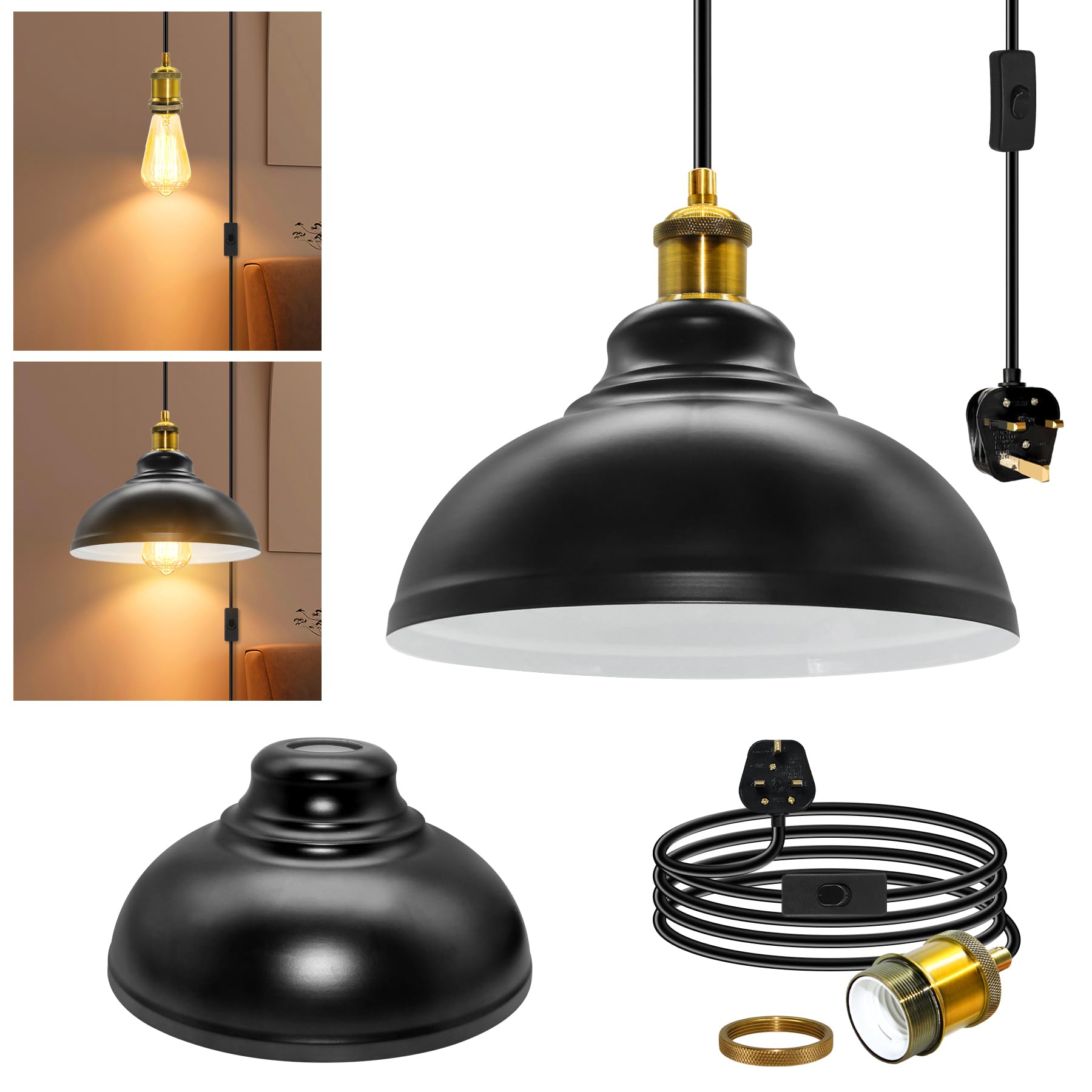 Vintage Plug in Pendant Light Fitting, 500 CM Hanging Light with Switch and Plug, Industrial Plug in Ceiling Light Fixture, Brass E27 Lamp Holder, Detachable Metal Lampshade, DIY Lamp Kit for Porch