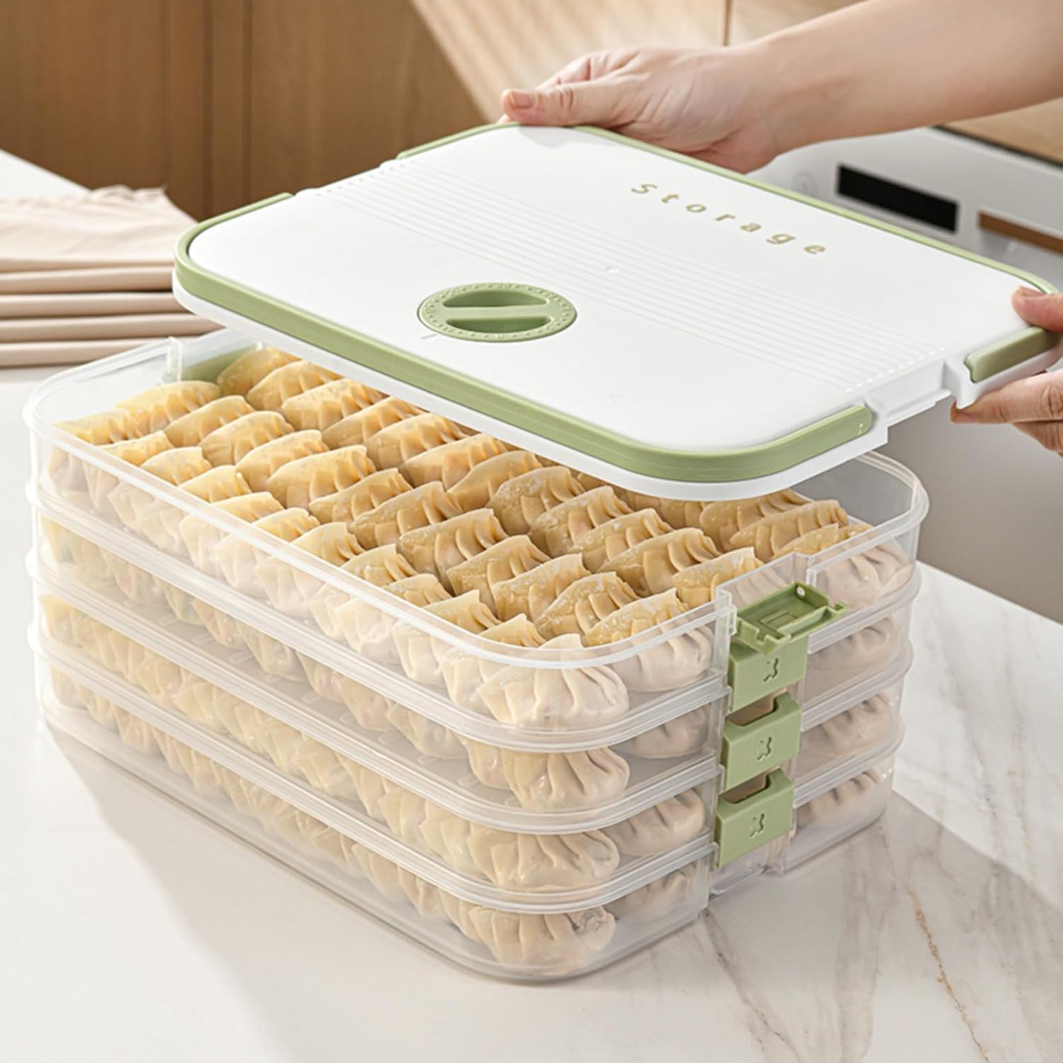 Dumplings Storage with 4 Layers, Stackable with Buckle, Lid & Handle for Cookies Wonton Donuts Box Organizer For Fridge, White-Green - Image 4