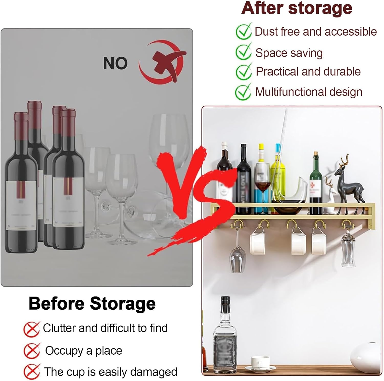 Wall Mounted Wine Rack,Metal Wine Glass Shelf,Floating Shelves,Hanging Goblet Shelf,Wine Bottle Organizer Multi-Functional Wine Storage Display Rack For Home Bar Dining Room Kitchen ( Color : Black ,