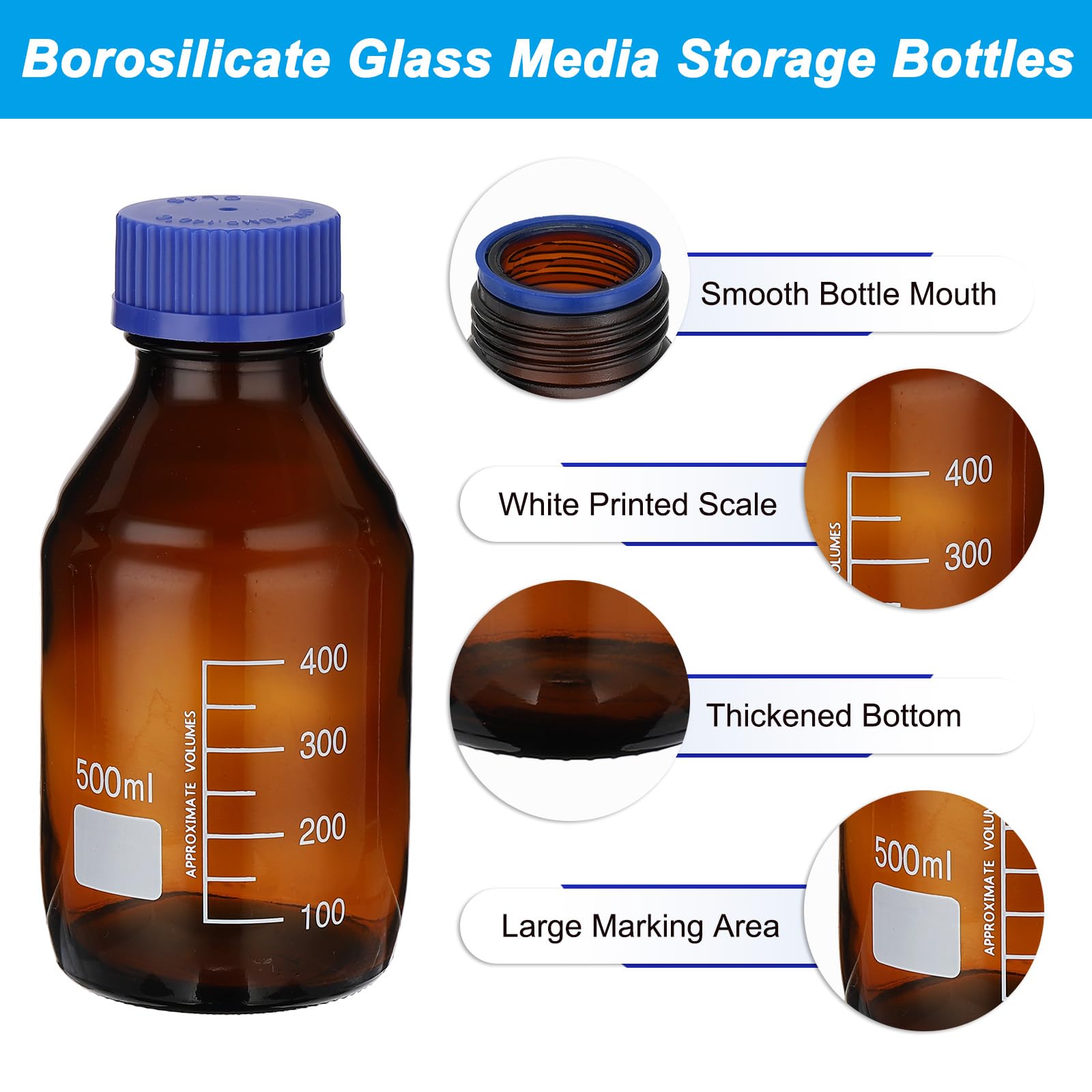 PATIKIL Confezione da 6 bottiglie rotonde per reagenti, in vetro borosilicato da 500 ml, graduate, con tappo a vite GL32 blu, per liquidi reagenti d'acqua di laboratorio, ambra