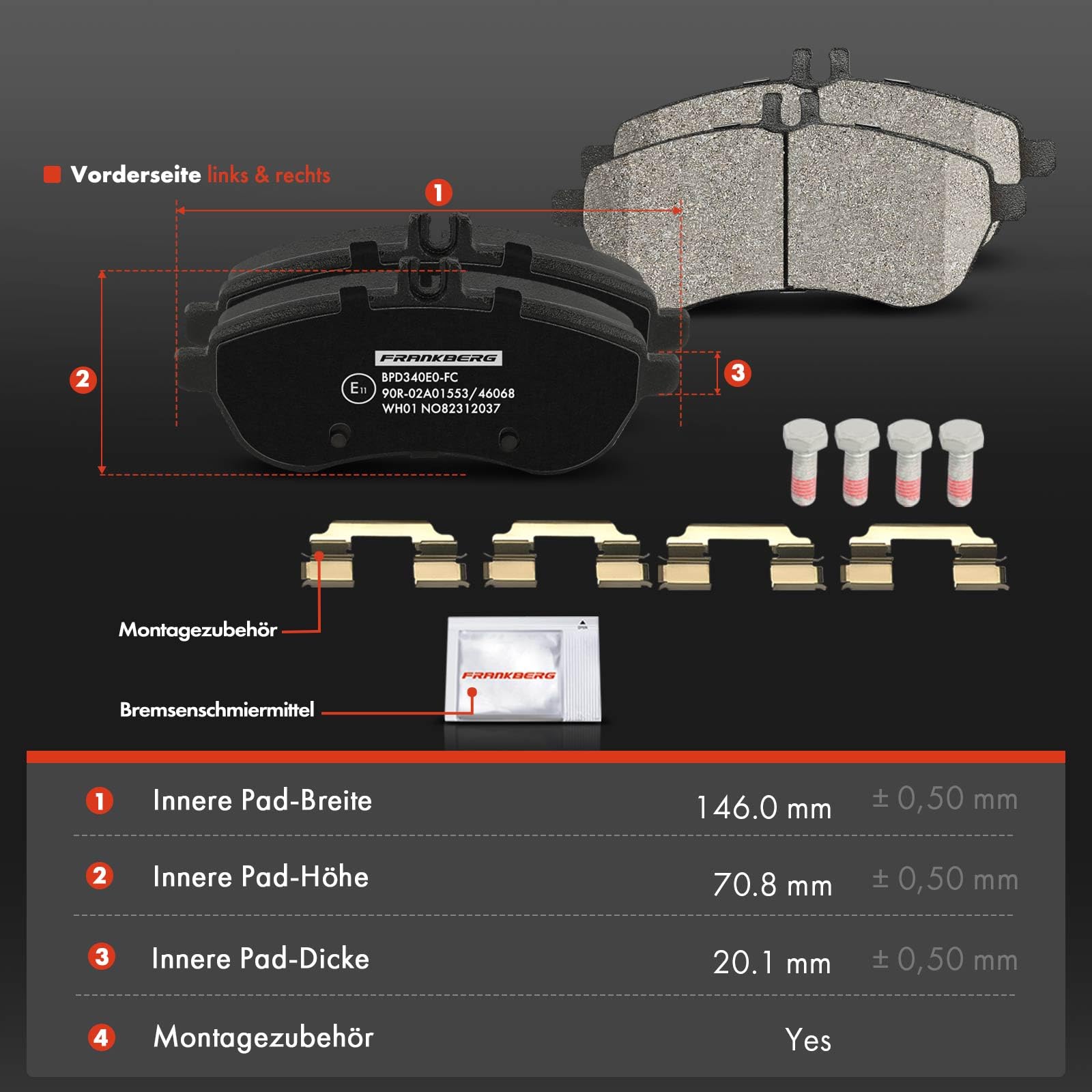 Frankberg 8 pastillas de freno delanteras y traseras 0004200305 | Compatible con: Clase E Cabriolet A207, Coupé Clase C C204, Clase C W204, Clase C Modelo T S204, Coupé Clase E C207