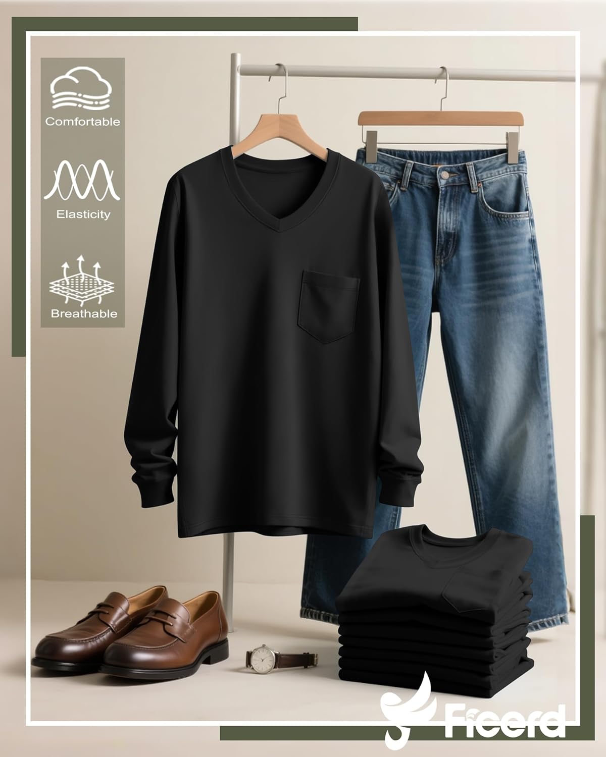 Ficerd 3 Pack Men's Big and Tall V Neck Shirts with Pocket Long Sleeve Plus Size Tops Basic Casual Loose Fall Tee - Image 3