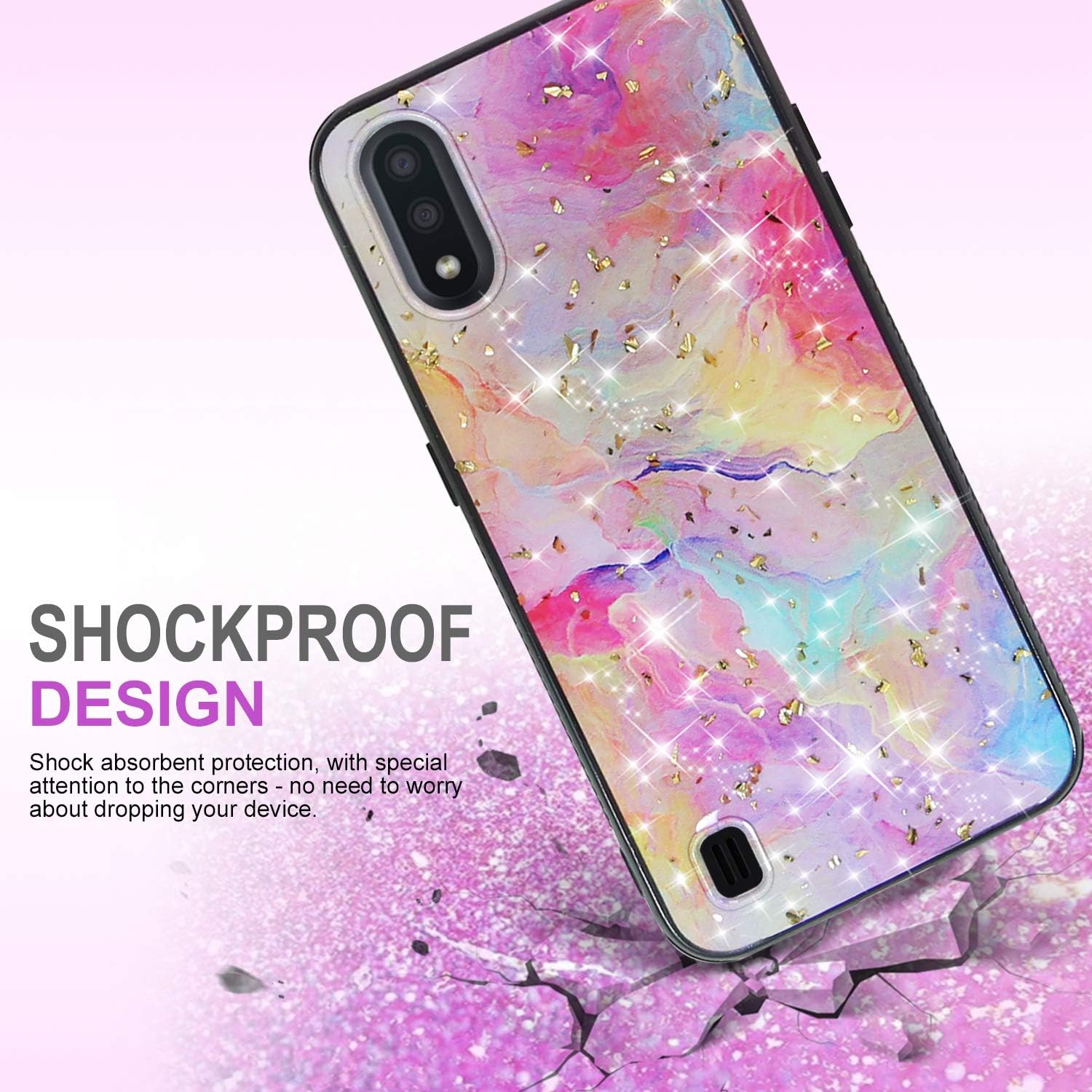 TJS Phone Case Compatible with Samsung Galaxy A01, with [Tempered Glass Screen Protector] Shiny Chrome Flake Glitter Back Skin Full Body Soft TPU Rubber Bumper Drop Protector Case Cover (Rainbow)