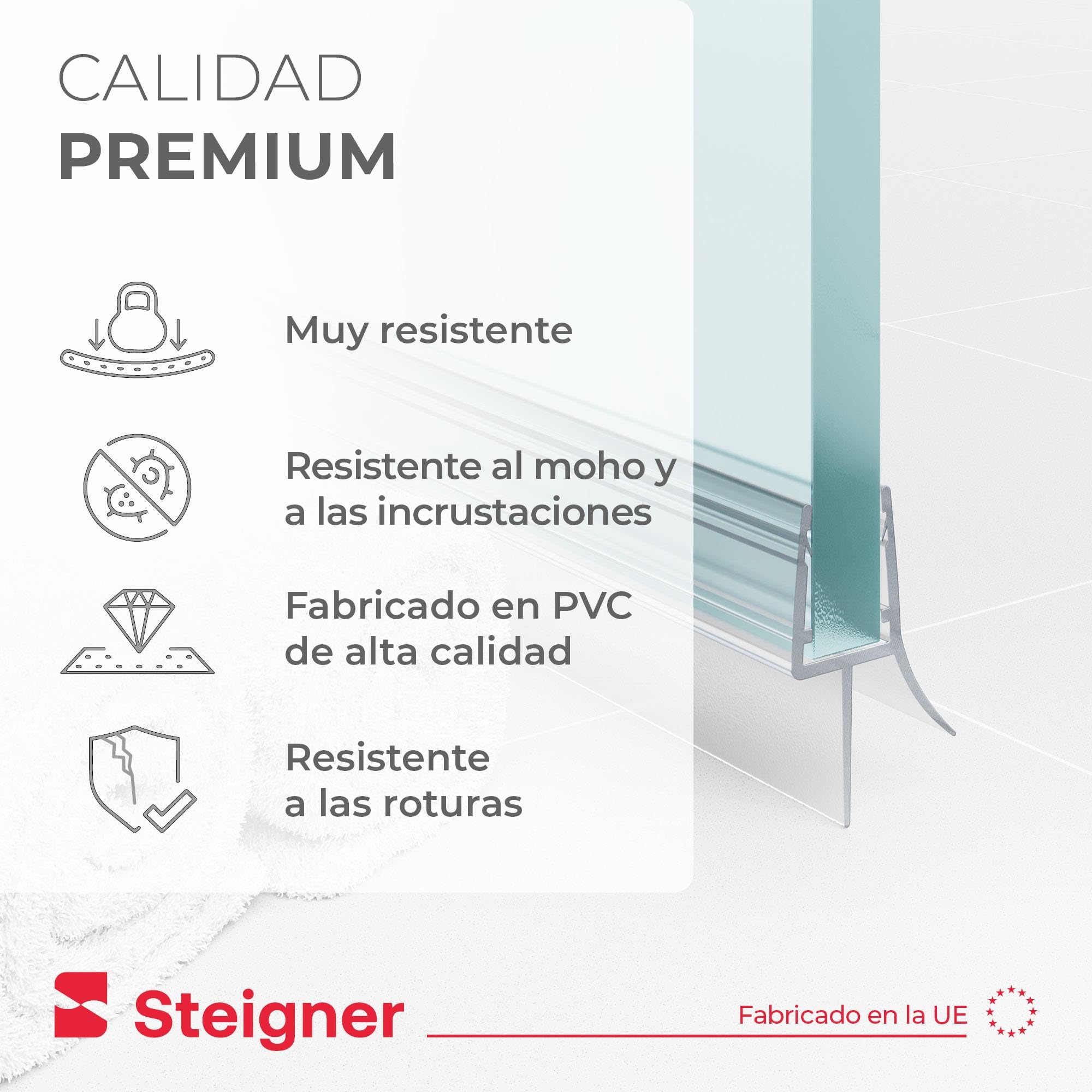 STEIGNER Junta mampara ducha UK03 80 cm (1 ud.) transparente - Junta vertical para ducha angular o pentagonal con puerta 6-8 mm - Protección contra fugas, Ajuste perfecto, Fácil instalación