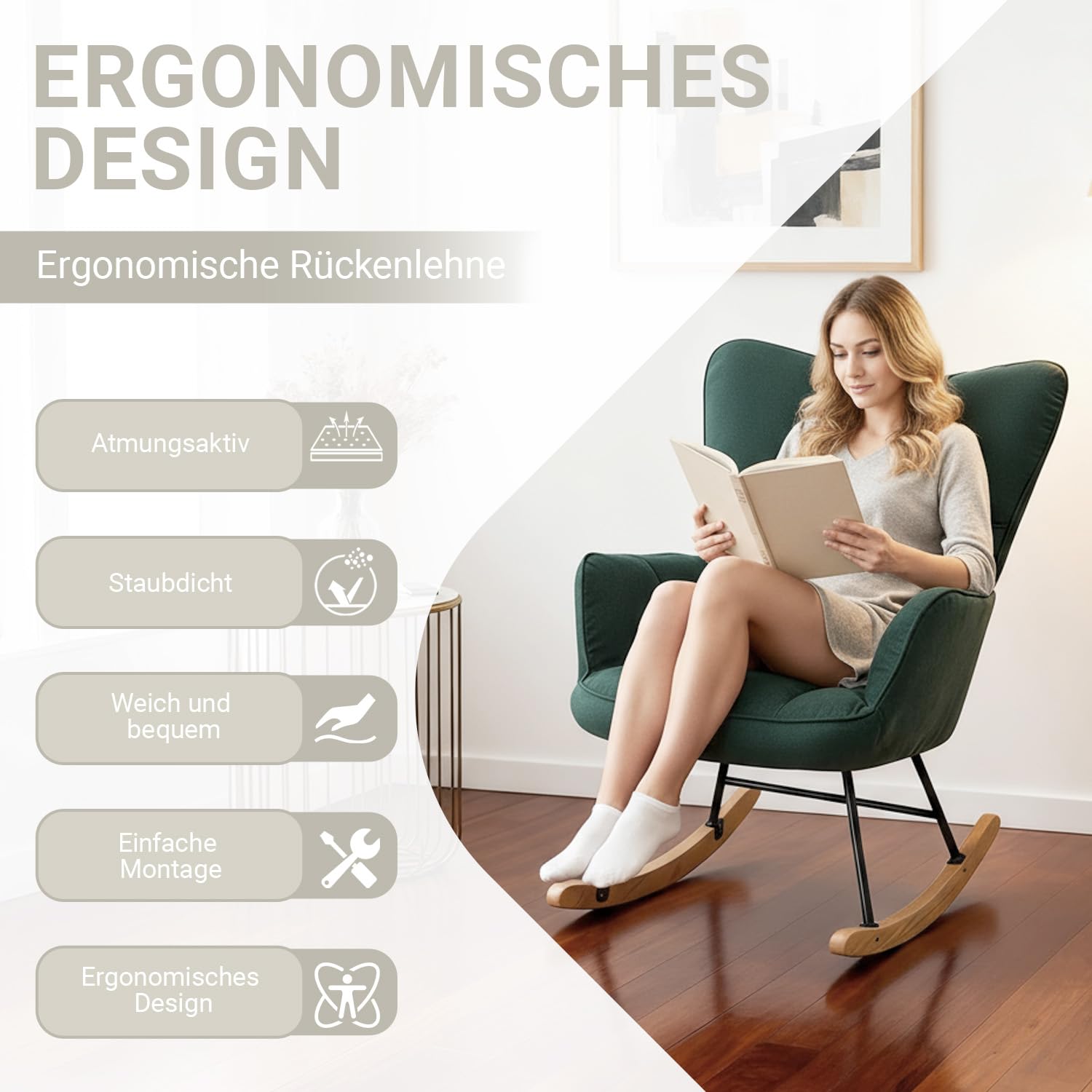 Schaukelstuhl, Bequemer Stillsessel & Lesesessel, Relaxstuhl mit hoher Rückenlehne für Wohnzimmer, Schlafzimmer, Balkon oder Kinderzimmer, Moderner Schaukelsessel (Grün)