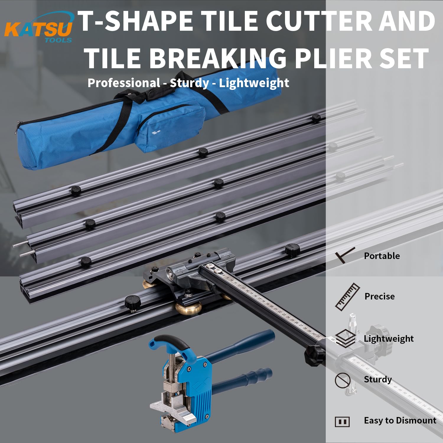 KATSU Tools Cortador manual profesional de azulejos en forma de T, 3 metros, rieles guía seccionados de aleación de aluminio, alicates para romper azulejos, diseño de doble hoja, corte de precisión,