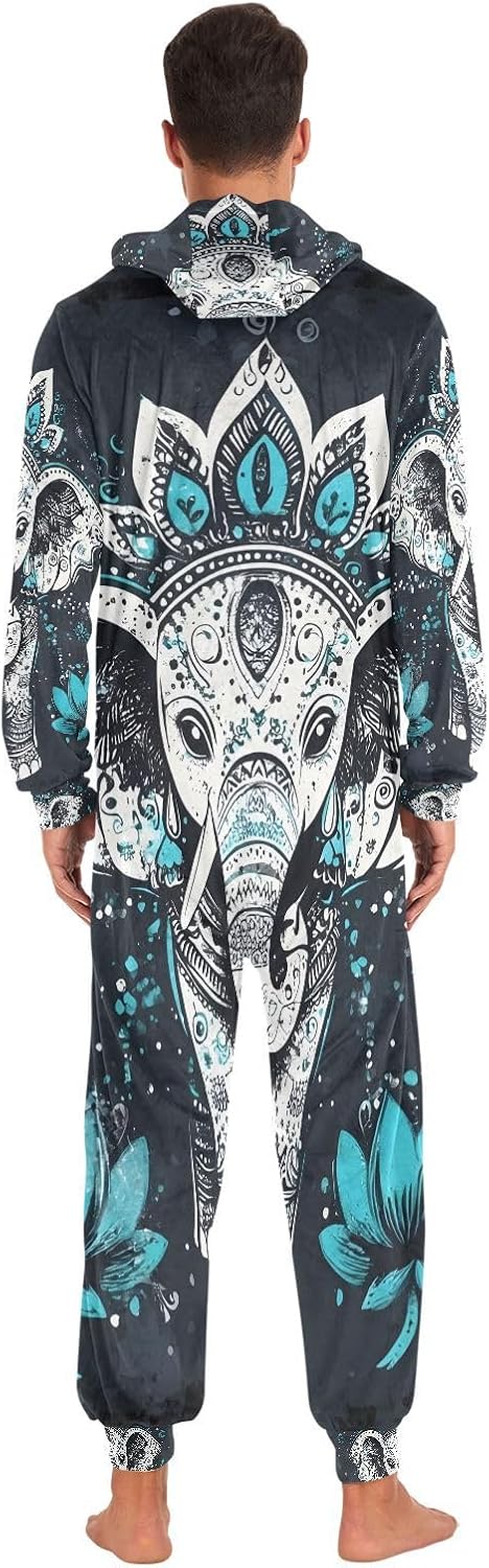 Elephant Bohemian Black Unisex Adult Onesie Pajamas Comfy One Piece Costume Jumpsuits Novelty Sleepwear Homewear for Men Women