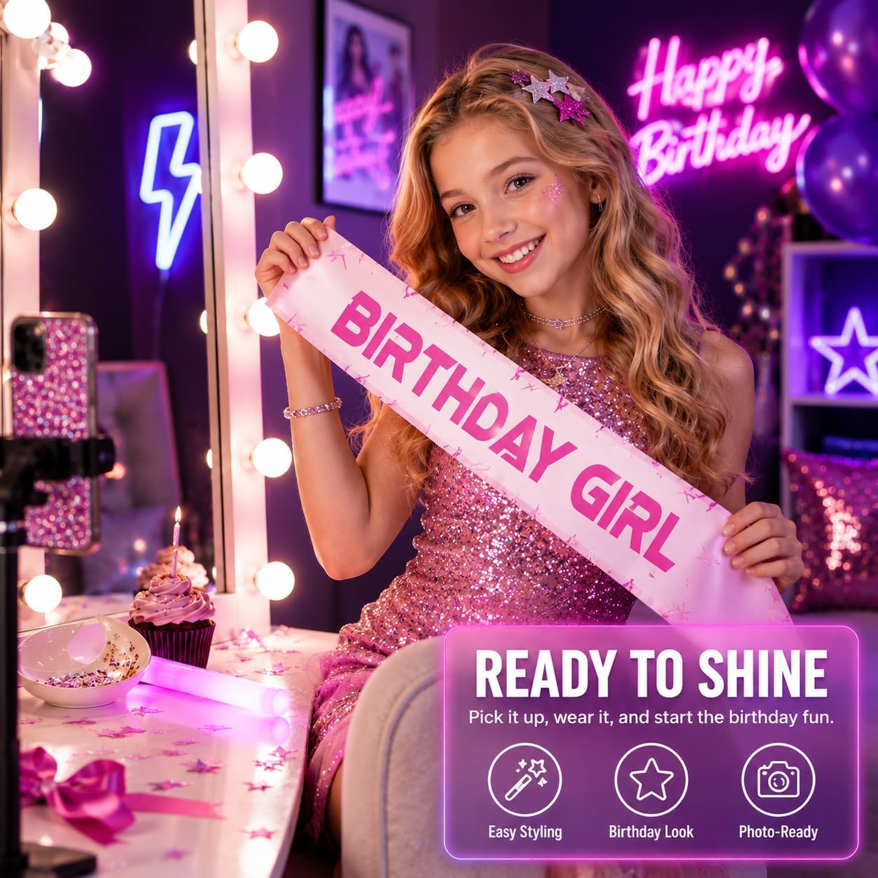 Birthday Girl Sash Pink Lightning Party Accessory for Women, Satin Birthday Decorations Inspired by Fantasy Hunter Concert Theme, Stylish K-Party Favor Outfit for Celebration Photos