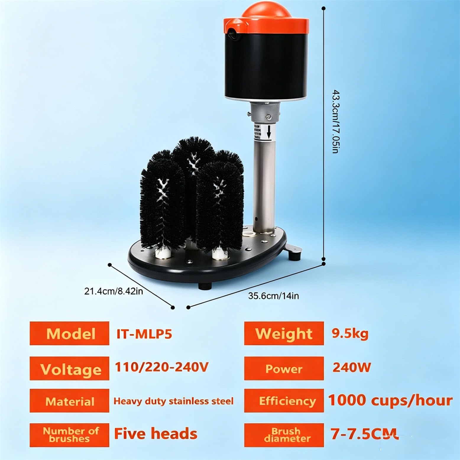 Lavavasos automático Restaurantware Clean Professional Lavavasos eléctrico de 5 cepillos 1 Lavavasos de Alta Resistencia para Bar - Vertical para Bar o Cocina