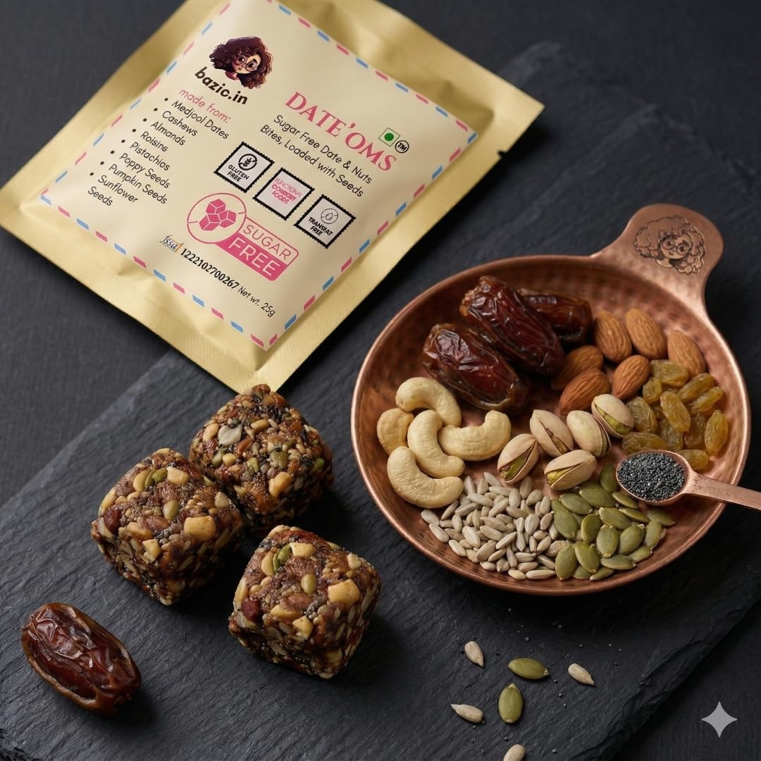 Bazic DateOms Khajoor Pak Medjool Date Bites Pack of 5 (125g) | Date Based Snack for Regular Use | Suitable for Home Office School and Travel | Sweet Snack Bites for Tea Time(Pack of2)-image-31