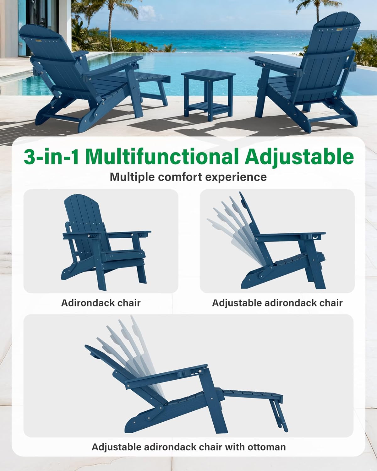 YEFU Adirondack Chair with Retractable Ottoman: Folding Adirondack Chairs Set of 2-5-Level Adjustable Backrest with Footrest - Fire Pit Chairs - Cup Holder - Outdoor Plastic Chair for Patio