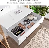 Vista 6 de CHARMAID Escritorio pequeño con espejo, escritorio de maquillaje blanco con 3 cajones, alturas ajustables, tocador compacto para dormitorio