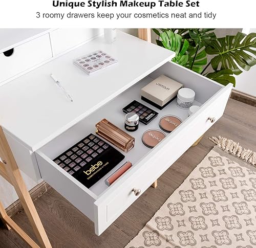 Miniatura 6 de CHARMAID Escritorio pequeño con espejo, escritorio de maquillaje blanco con 3 cajones, alturas ajustables, tocador compacto para dormitorio con