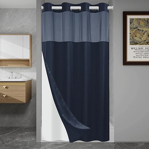 Miniatura 26 de Cortina de ducha sin gancho con forro a presión, cortina de ducha de gofre para baño, tela estilo hotel, forro interior impermeable, 71 pulgadas de