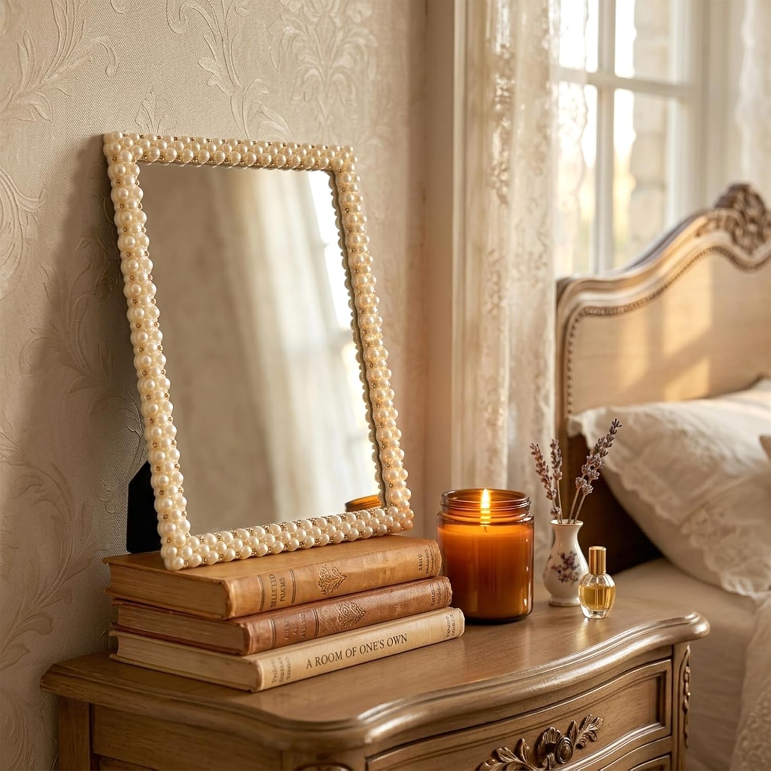 Pearl Adorned Vanity Makeup Mirror Decorative Beaded Frame image 4