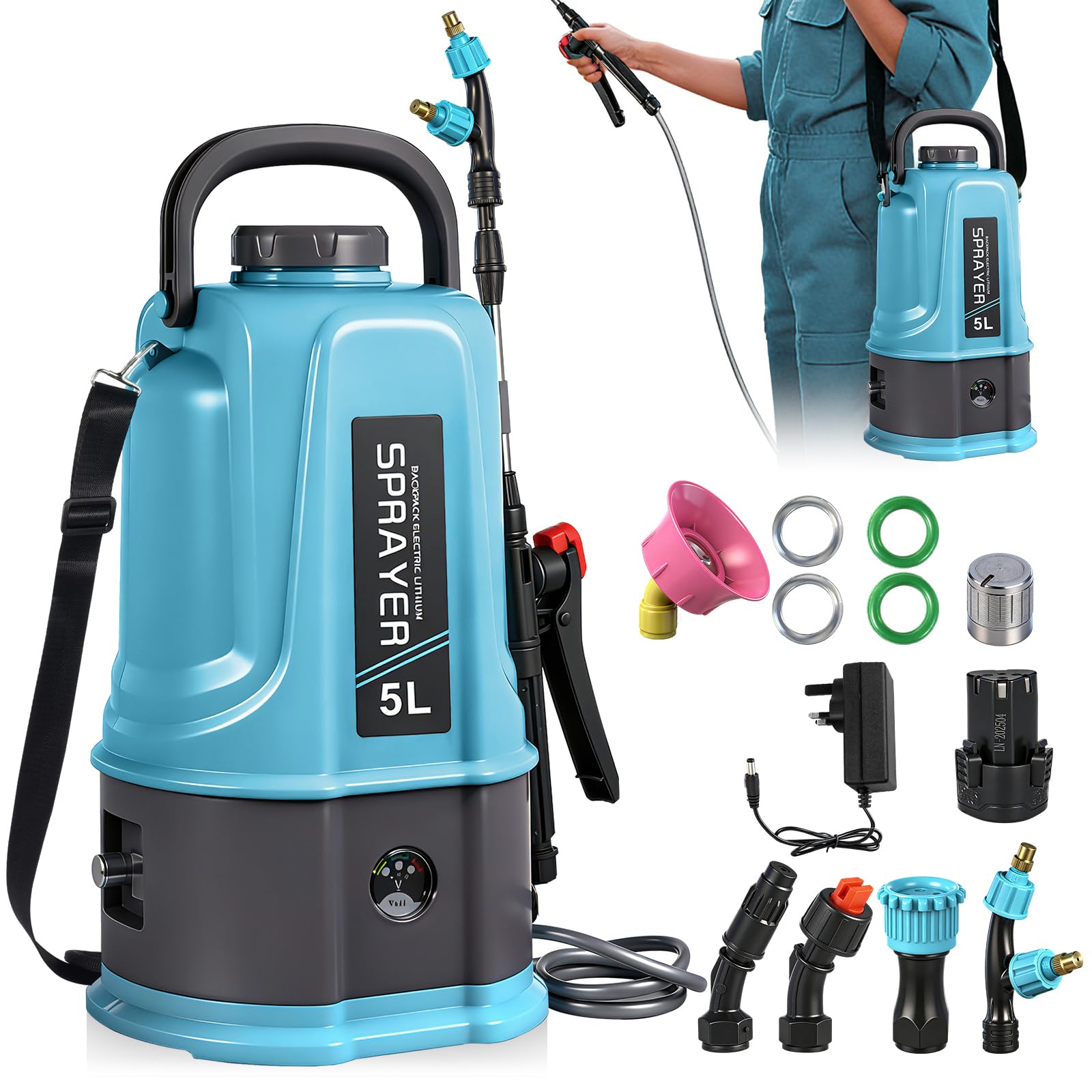 5L Electric Backpack Sprayer, 21V Battery Powered Garden Sprayer,45 PSI Water Sprayer With 5 Nozzles,Retractable Wand & Adjustable Shoulder Strap for Pest Control, Yard Cleaning