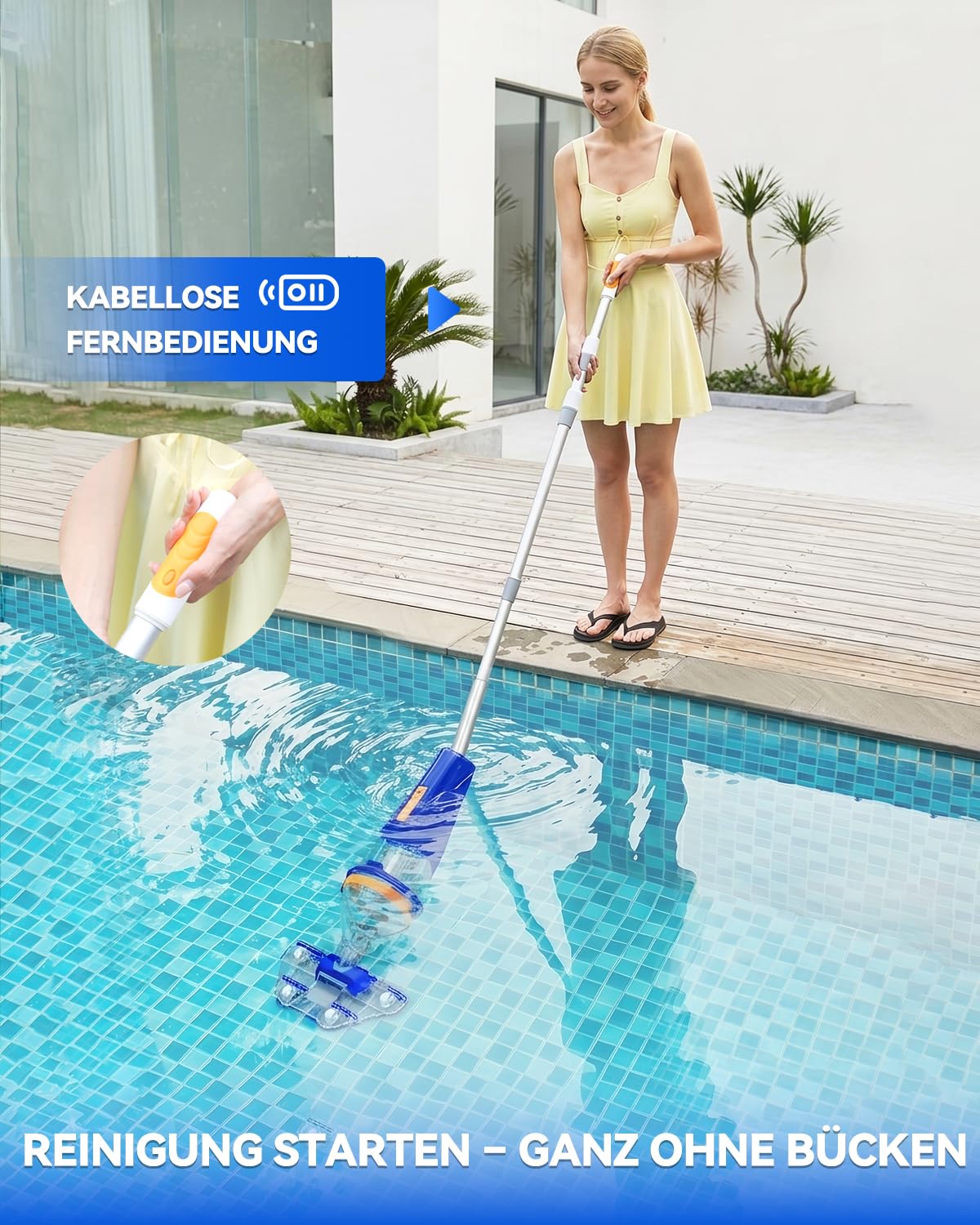 Aspirapolvere per piscina a batteria con telecomando sul manico telescopico, senza fili, con asta telescopica da 176 cm, durata di 75 minuti, potenza di aspirazione 4200 l/h, 2 testine di aspirazione