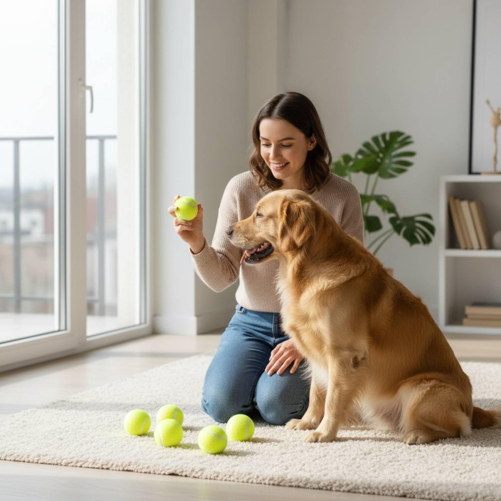 Lanceur de Balle Réglable Balle pour Chien Jouet Canin Accessoire d'Entraînement Jeu de Rapport en Caoutchouc Dense Texture Feutrée Visibilité Accrue, Diamètre 5 Cm